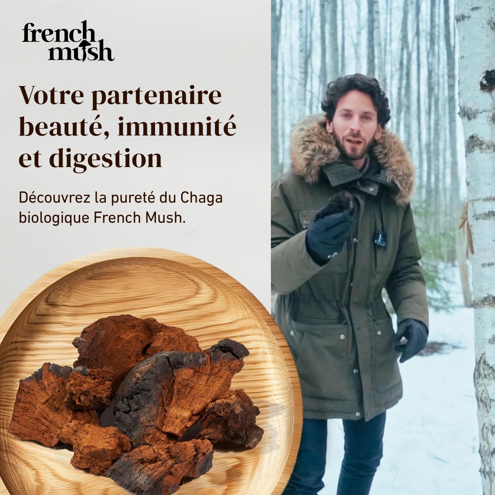 French Mush - Chaga Bio Gélules 8000 mg - Super Aliment Antioxydant - 56 Gélules Vegan - Chaga Mushroom Complex Riche en Vitamines B, D et K - Testé en Laboratoire - Fabriqué en France