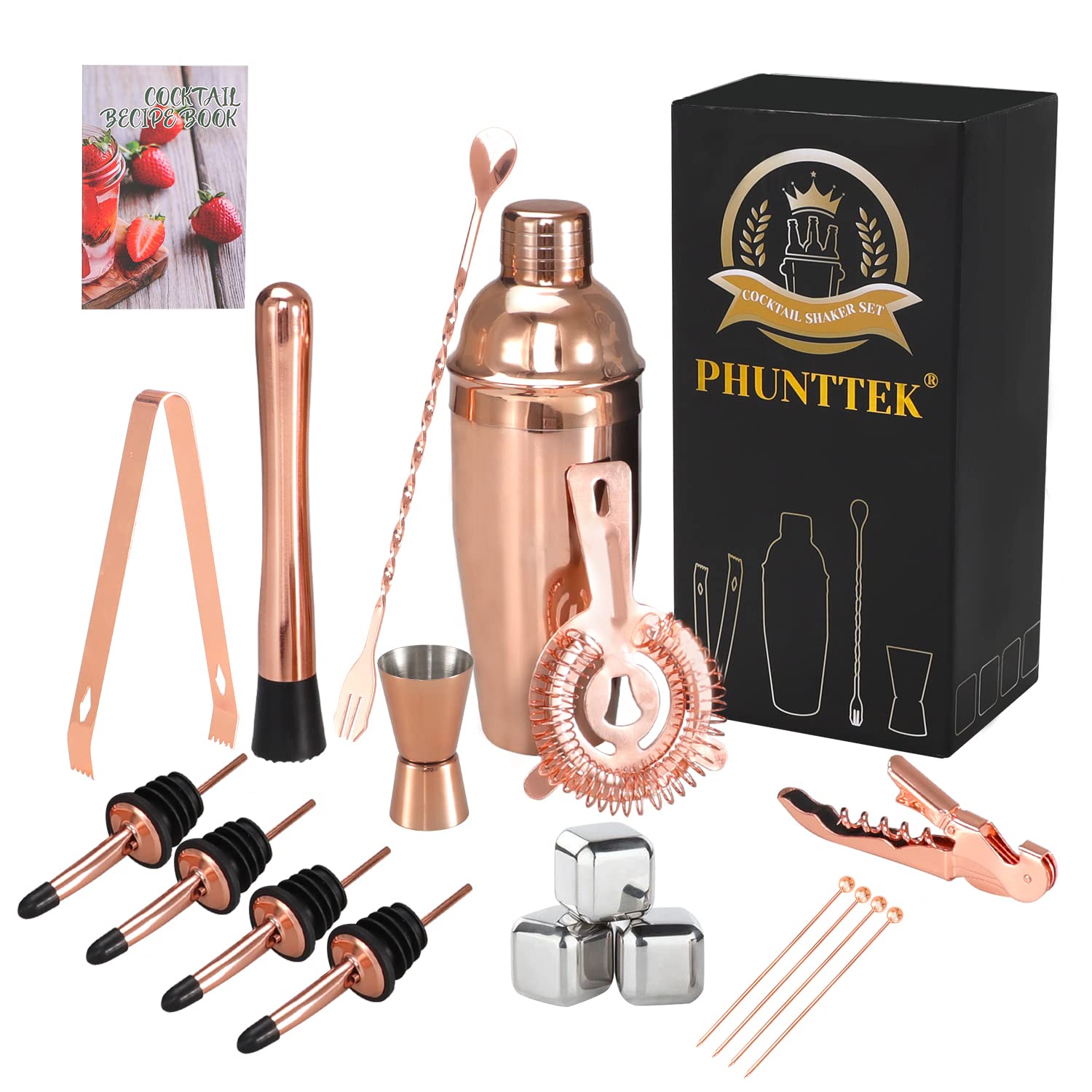 19pcs Cocktail Shaker Set Bartender Kit, 24oz Cocktail Shaker Drink Mixer Rose Gold Stainless Steel Bar Set with Muddler for Cocktails, Cocktail Picks, Mixing Spoon, Strainer, Jigger, Bar Accessories