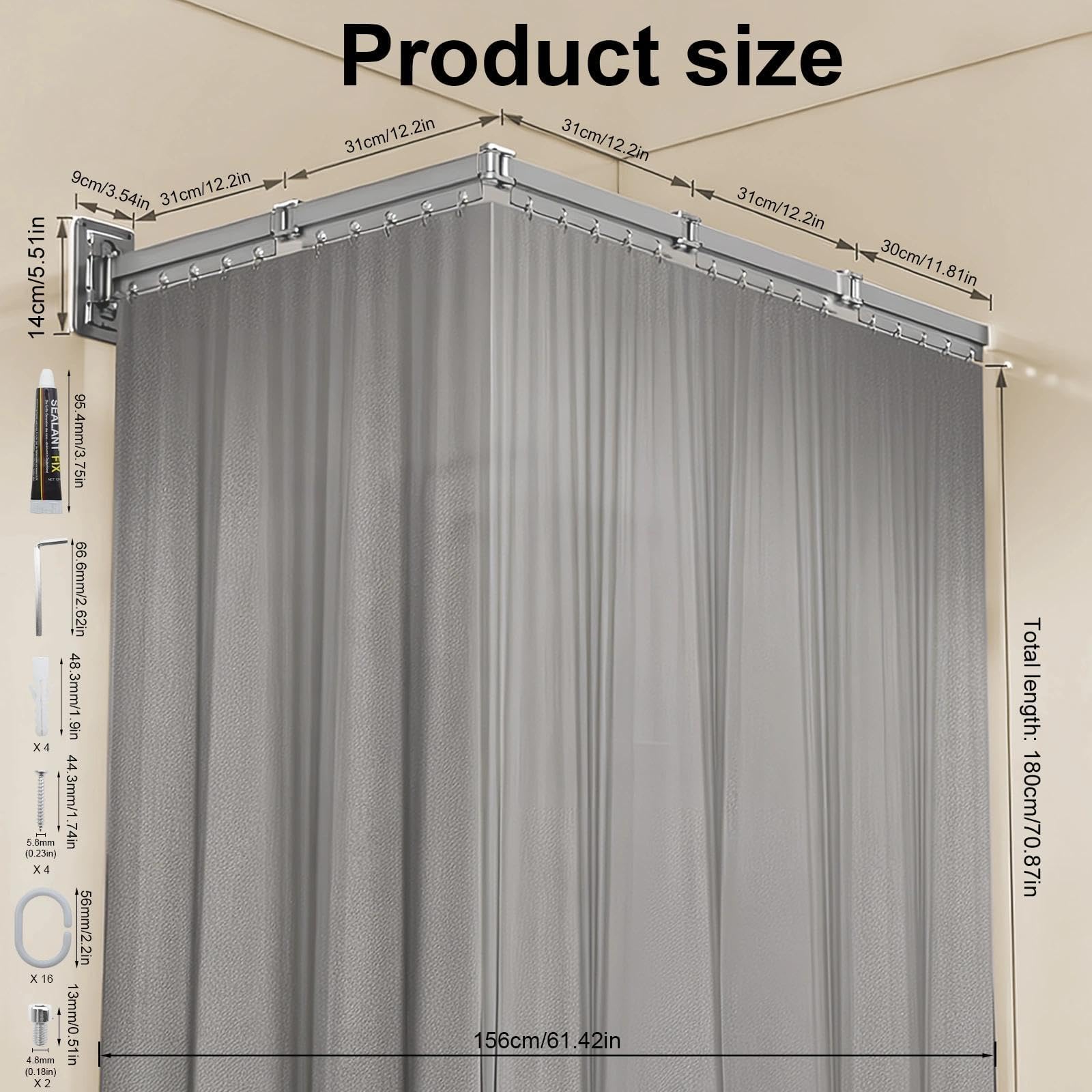 Barra Ducha Plegable 5 Pliegues con Cortina Incluida | Barra Cortina Ducha, Dos Métodos de Instalación, para Hogares, Hoteles y Gimnasios