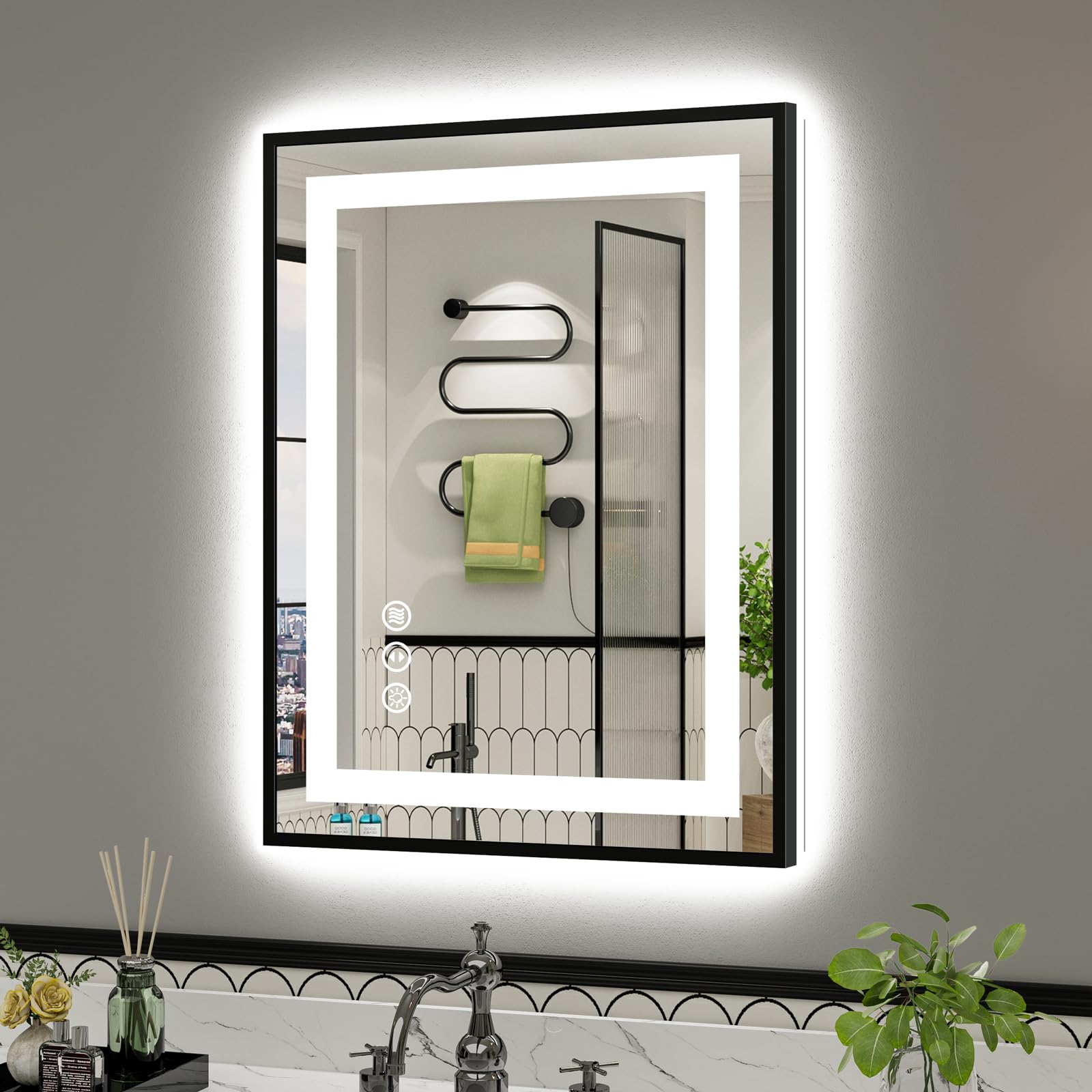 24x32 Inch LED Bathroom Mirror with Black Frame, Backlit &amp; Front Lit