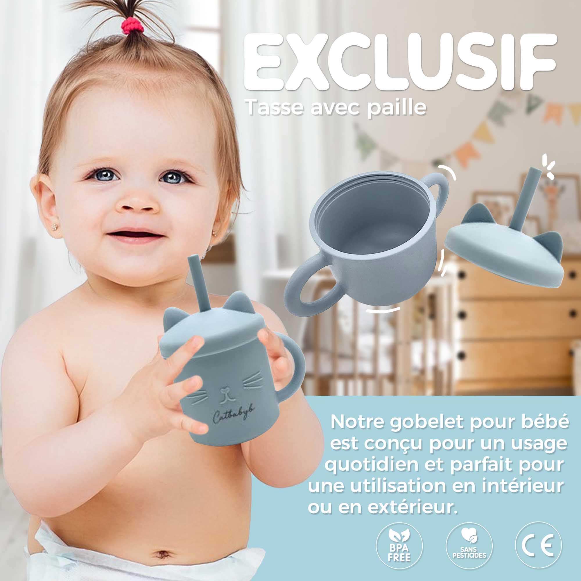 coffrets repas pour bébé Silicone, Lot de 6, Assiette Ventouse, 3 Compartiments pour Bébé, Set Couverts, Bol Ventouse, Bavoir Réglable, Tasse d’Apprentissage
