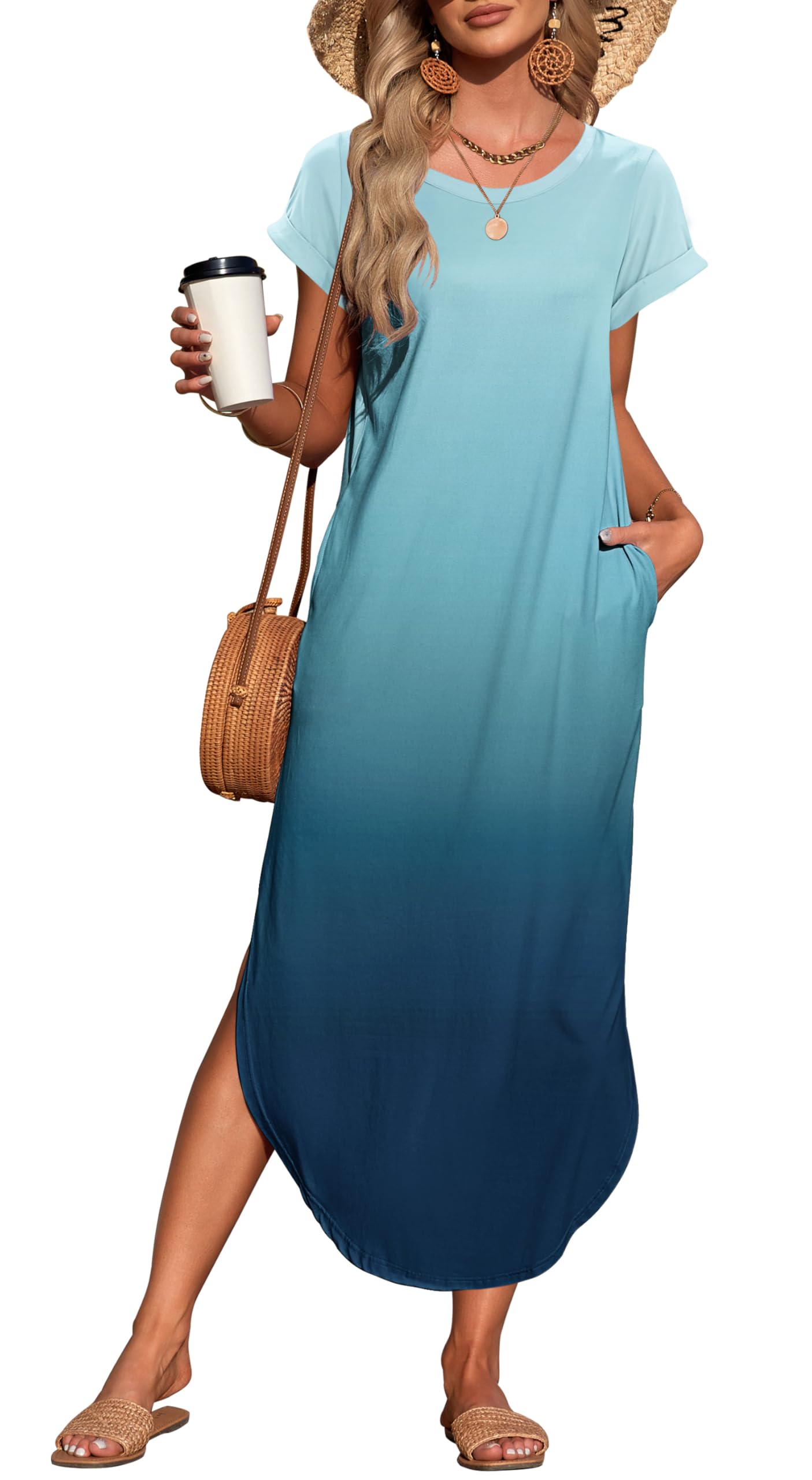 WNEEDU Womens Summer Dresses Casual Loose Short Sleeve Long T Shirt Dress Split Maxi Beach Sundress Travel Vacation Outfits