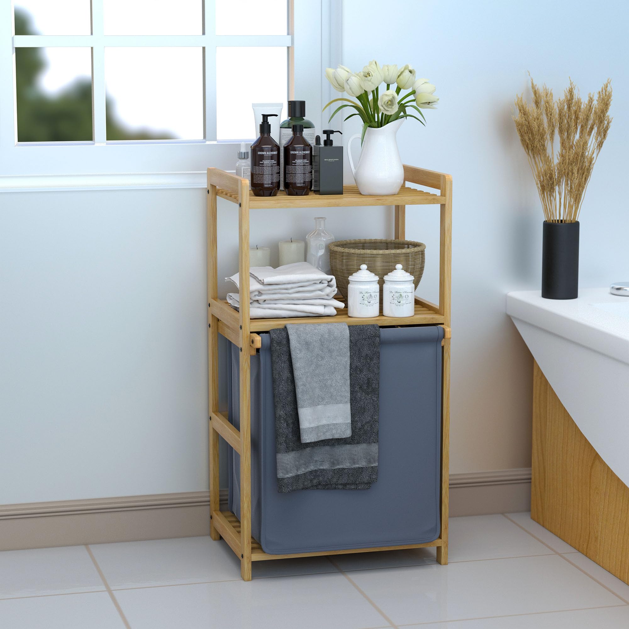 Cesta Ropa Sucia, Mueble Ropa Sucia, Bambú, 80X43X33cm, Compartimentos de 50L, Laundry Basket & Mueble de Lavandería de Baño, con 2 Estantes