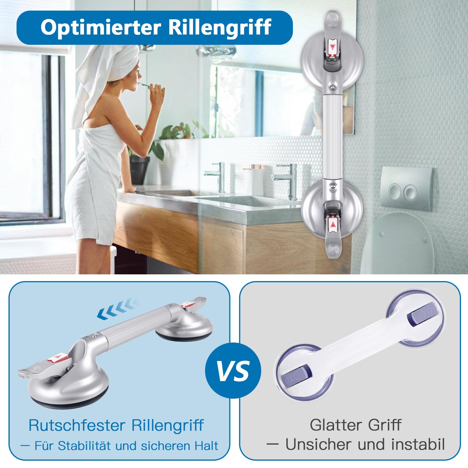 48,3 cm großer Haltegriff mit Saugnapf, tragbarer Duschgriff, Saugnapf, Badewannengriff mit starkem Halt, Saugnapf-Armatur und Schnellentriegelung für Badezimmer (max. Kapazität: 136 kg