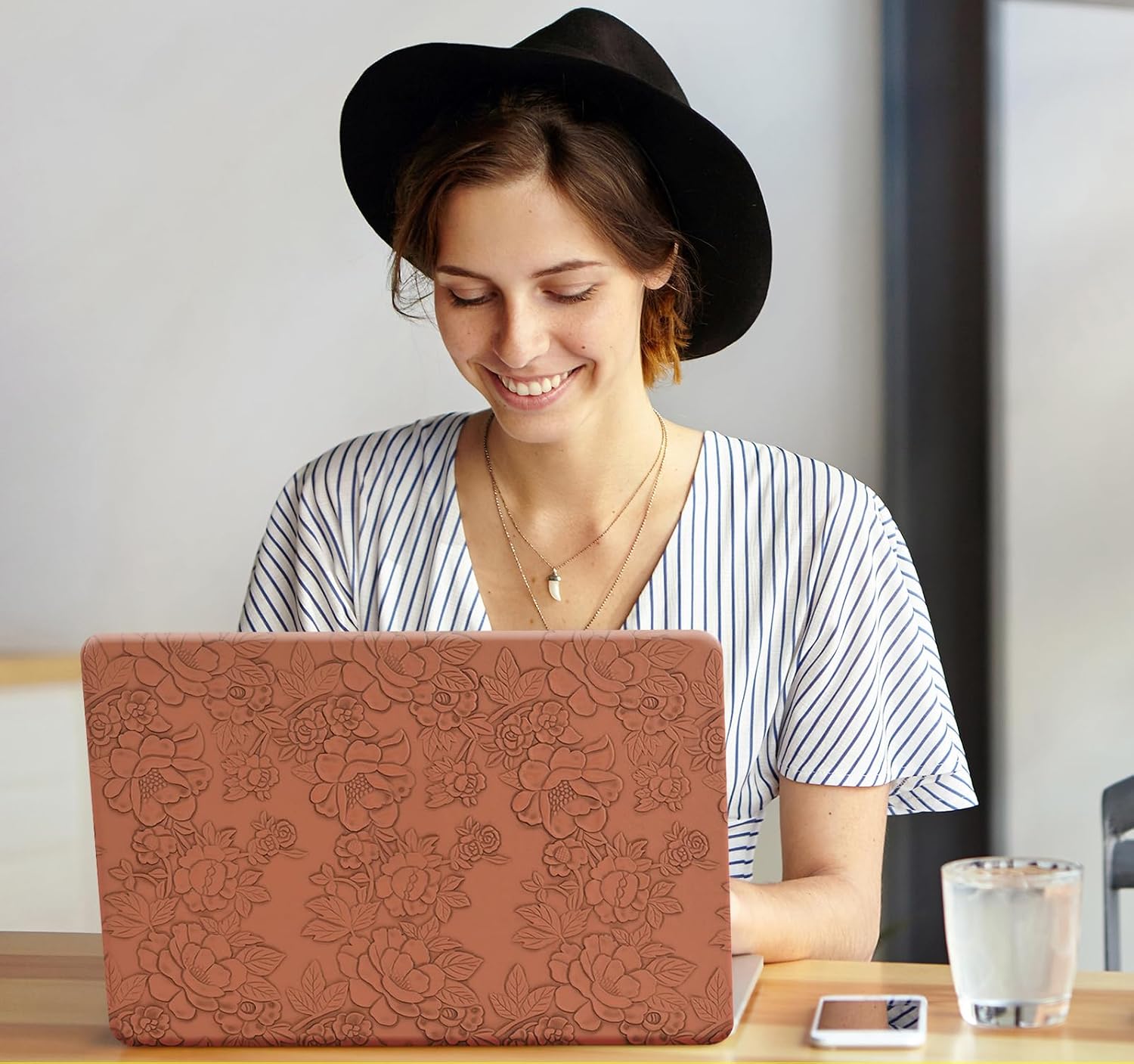 Compatible with MacBook Air 13.6 inch Case 2022-2026 M5 M4 A3240 M3 A3113 M2 A2681,for MacBook 13 M4 Embossed Floral Leather Plastic Print Hardshell&Keyboard Cover for Mac Air 13.6, Retro Brown