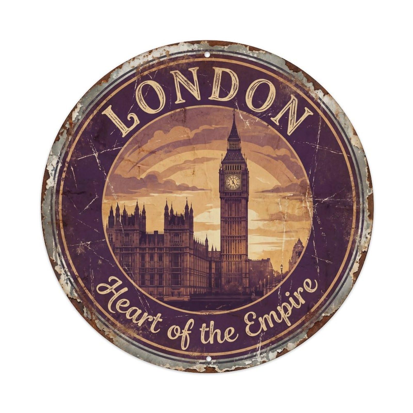 Vintage Travel Big Ben Westminster London Metal Tin Sign Plaque Wall Decor for Cafe, Club, Garden Round Metal Poster 8x8Inch