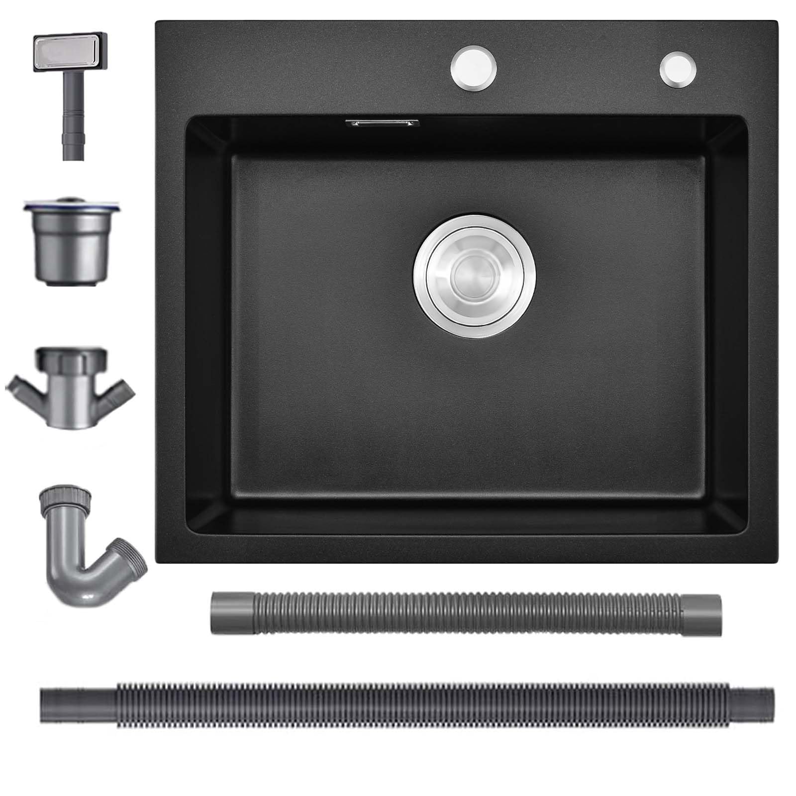 Fregadero de granito negro 50x45cm, fregadero negro, fregadero de cocina rectangular, moderna instalación empotrada de granito, lavabo de cocina, fregadero de cocina pequeño, lavabo individual con 2