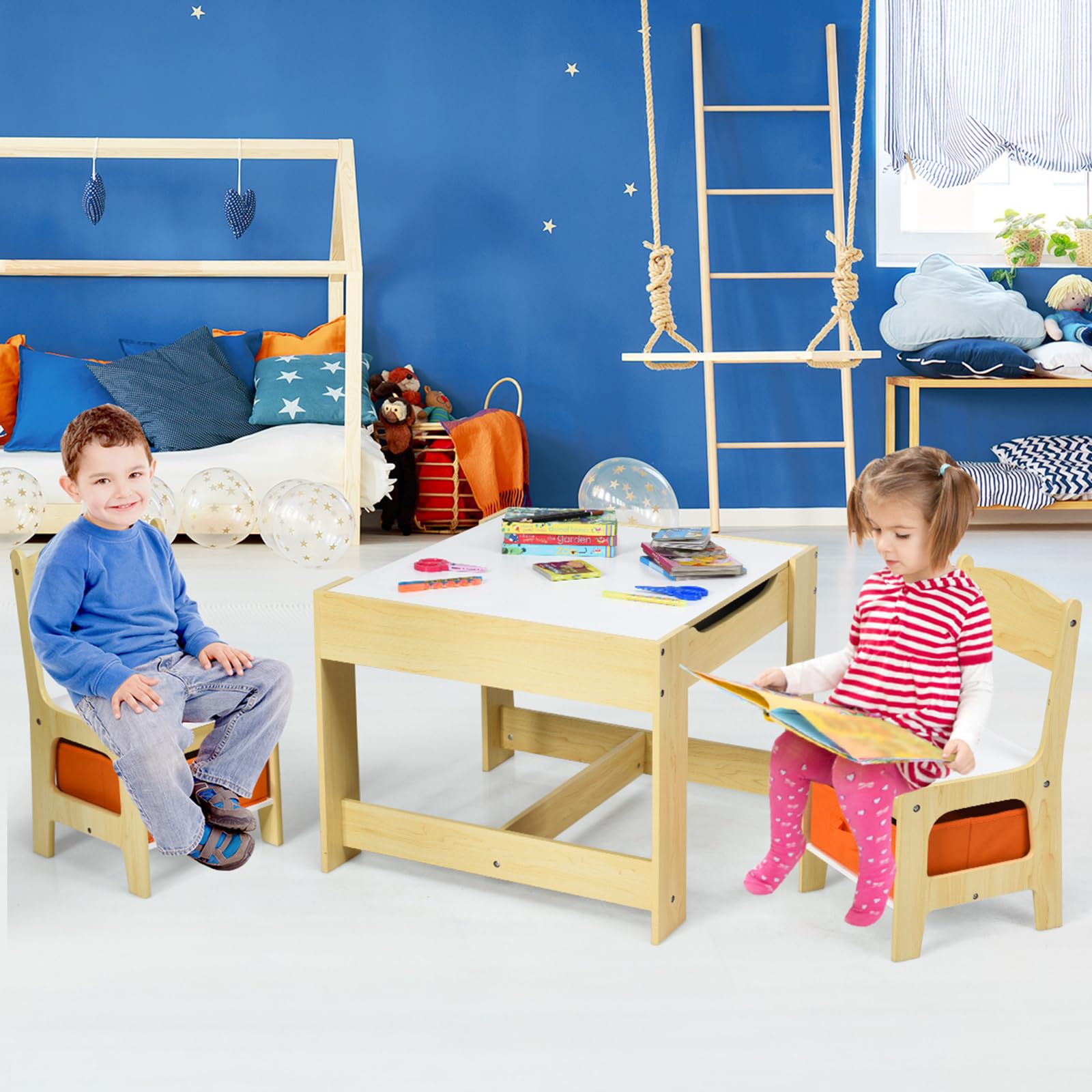 COSTWAY Tavolino Bambini 3 in 1, Set Tavolo e Sedie per Bambini con Lavagna Rimovibile e 2 Sedie con Cestini Portaoggetti, Scrivania Multiuso per Cameretta e Soggiorno (Legno)