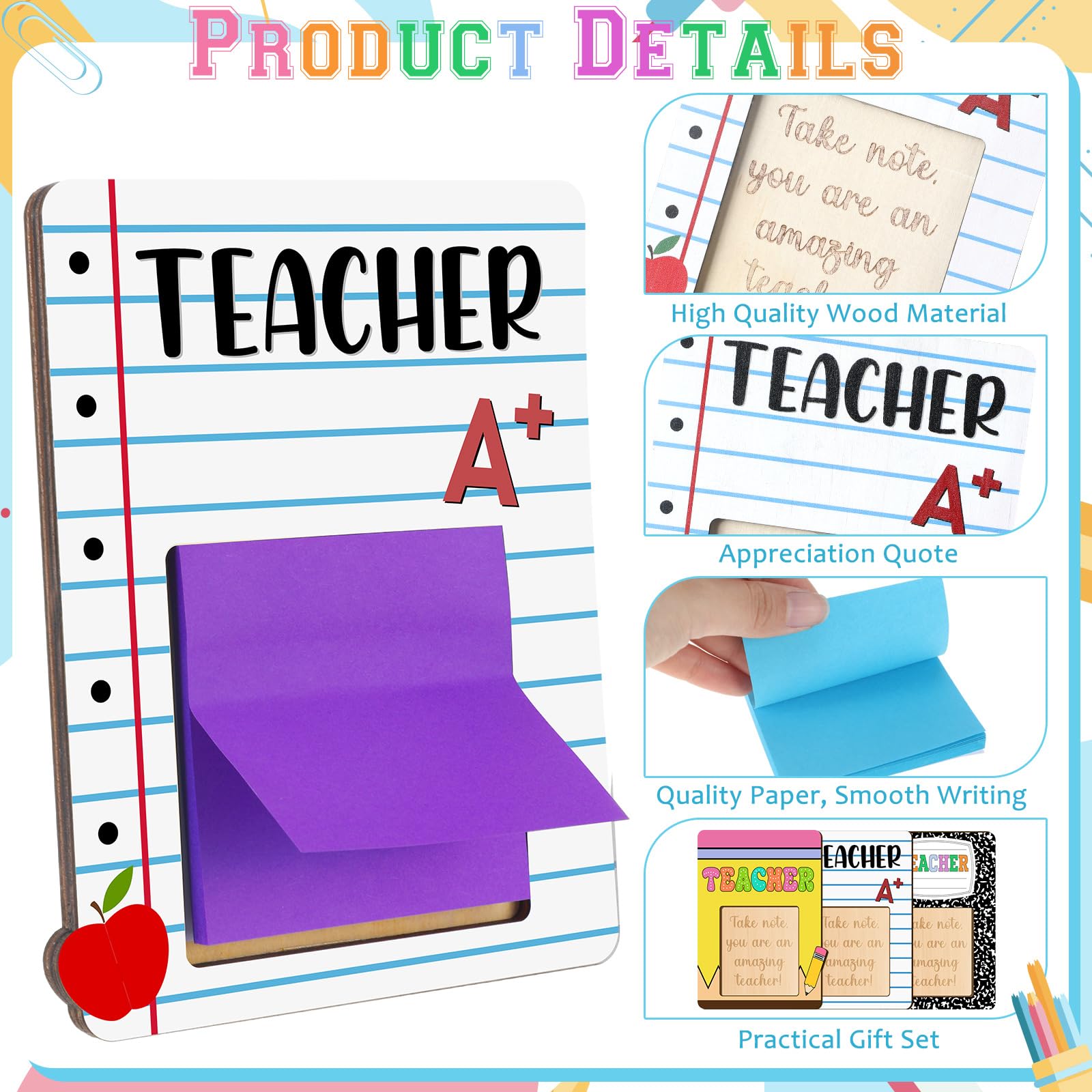 Eersida 24 Pcs/12 Sets Back to School Teacher Gift Daycare Teacher Appreciation Gifts Bulk Teachers Thank You Gift Wood Post Sticky Note Holder Composition Pencil Preschool Elementary Office Supply