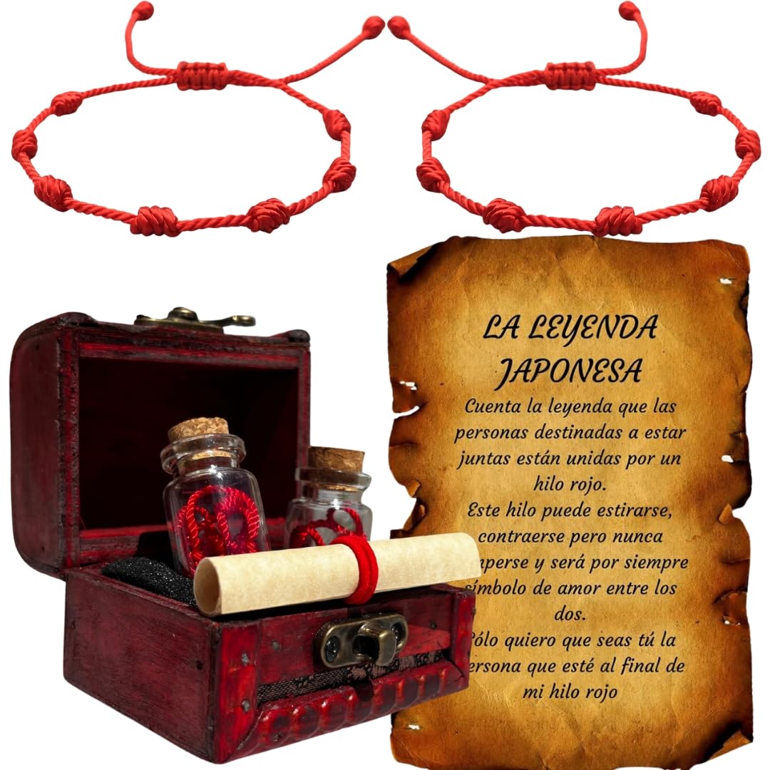 Pulseras Leyenda Hilo Rojo del Destino – Cofre del Tesoro con 2 Pulseras en Botellas de Cristal y Pergamino – Regalo Original para Parejas (Aniversario, San Valentín, Hombre y Mujer)