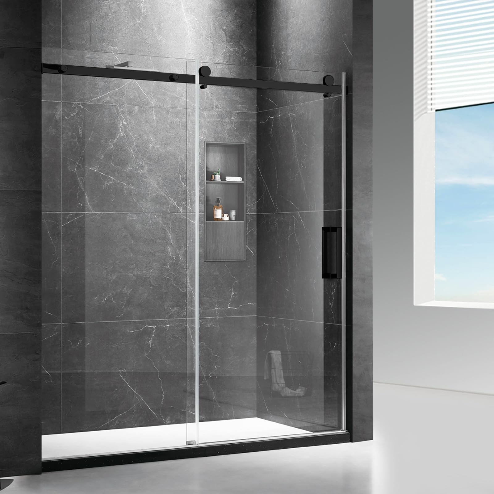 Photo 1 of Mersviton Shower Door,54" W x 74" H Frameless Shower Door with 1 Handle, Shower Glass Door with Premium 5/16"?8mm? Thick Tempered Glass, Stainless Steel, Matte Black
