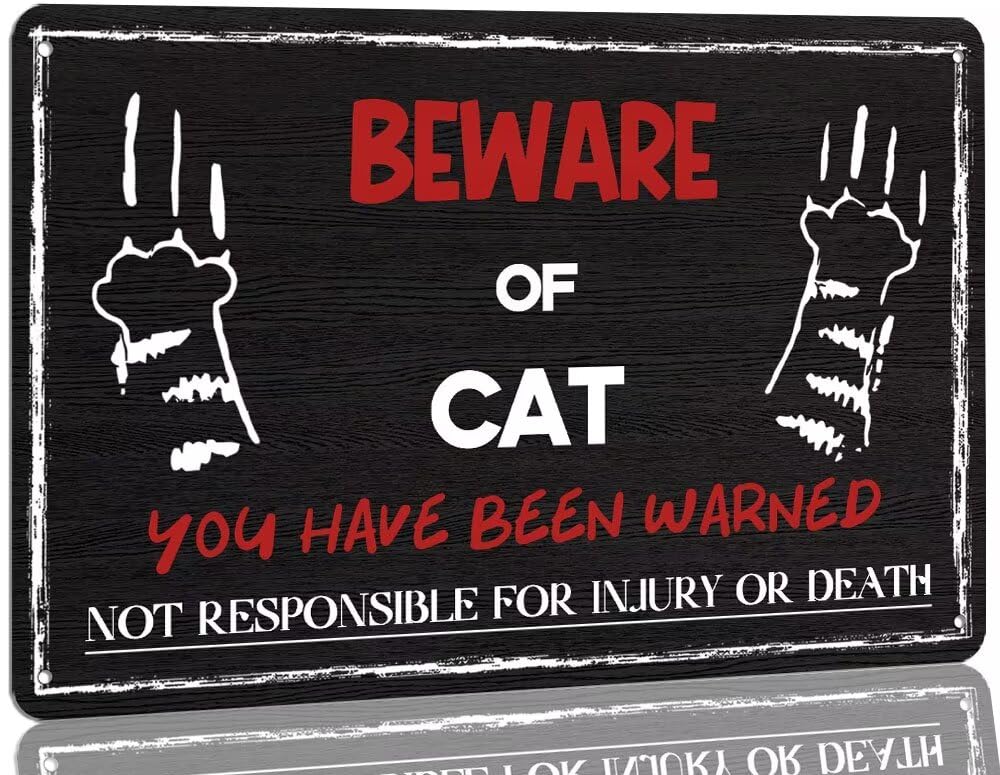 peiyeety Metal Tin Sign Beware Of Cat Quote Wall Art, Vintage Style, Wall Decor For Indoor Home Kitchen Living Room Bedroom Office Cafe Bar, 12x16 Inch