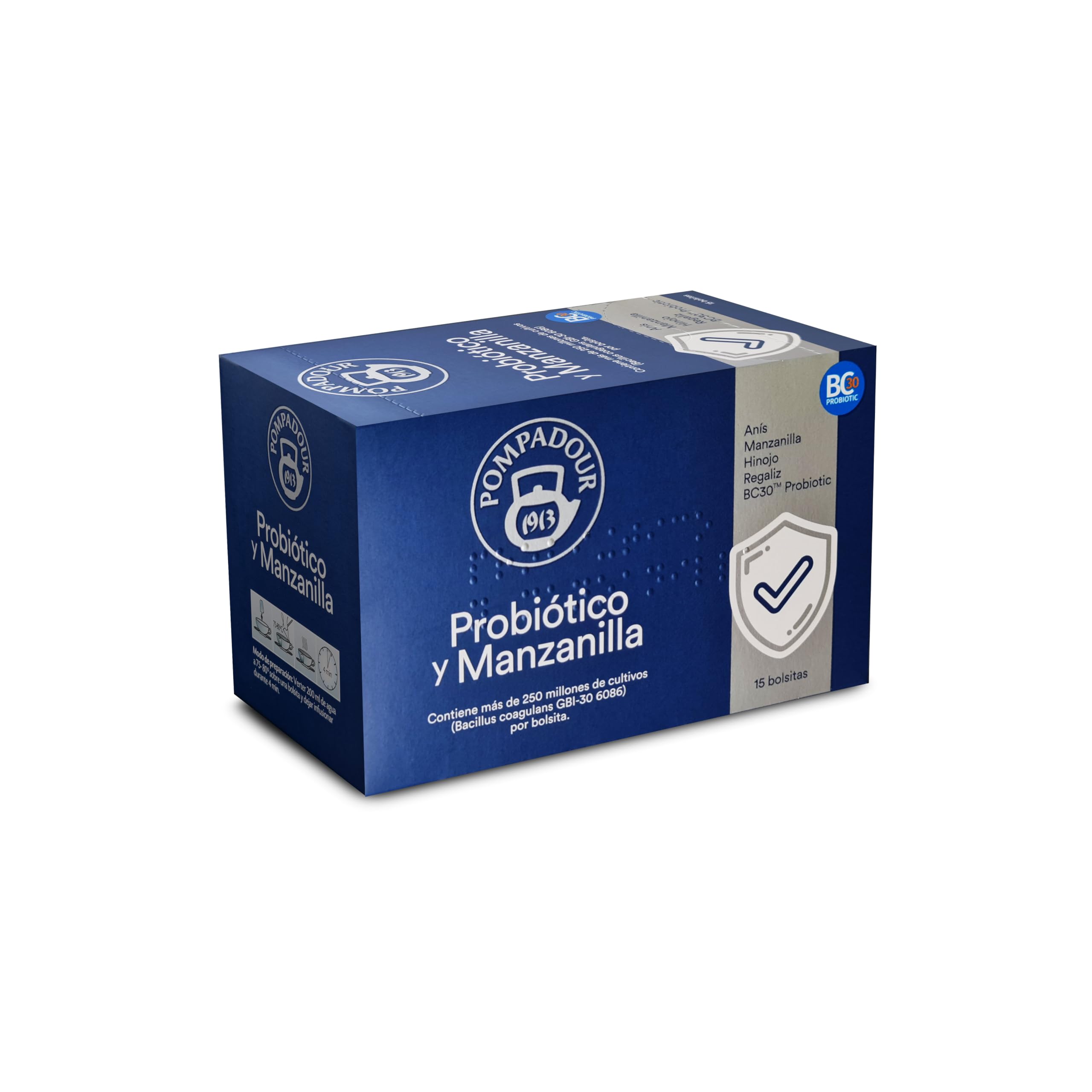Pompadour | Probiótico y Manzanilla | Ayuda a la Flora Intestinal | Con Probiótico BC30 | Sin Teína | 15 Bolsitas de 1,75 Gr