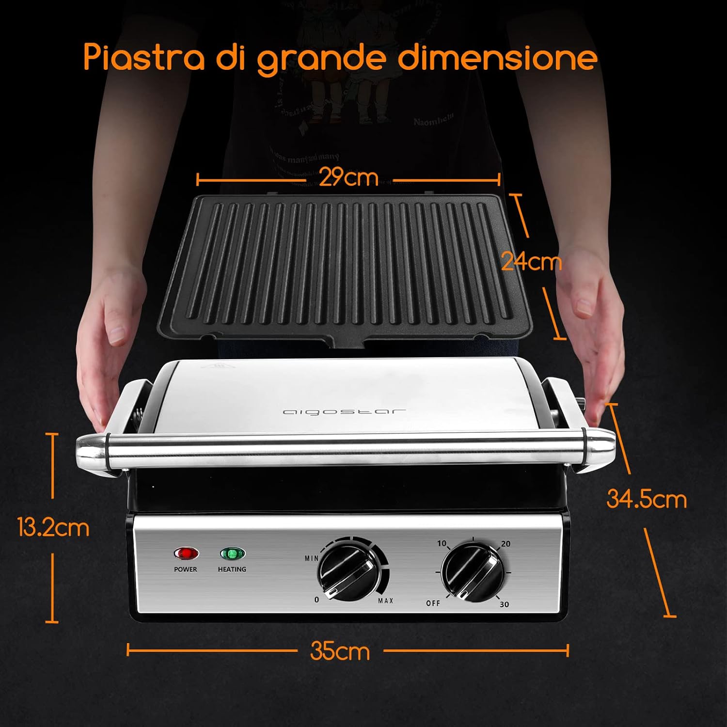 Aigostar Max - Bistecchiera Elettrica con Piastre Rimovibili, 2000 W, Temperatura e Timer Regolabili, Vassoio Raccogli Grassi, Apertura a 180º, Grill, Barbecue e Tostiera, Piastra Grandi, Grigio Aigostar Max - Bistecchiera Elettrica con Piastre Rimovibili, 2000 W, Temperatura e Timer Regolabili, Vassoio Raccogli Grassi, Apertura a 180º, Grill, Barbecue e Tostiera, Piastra Grandi, Grigio