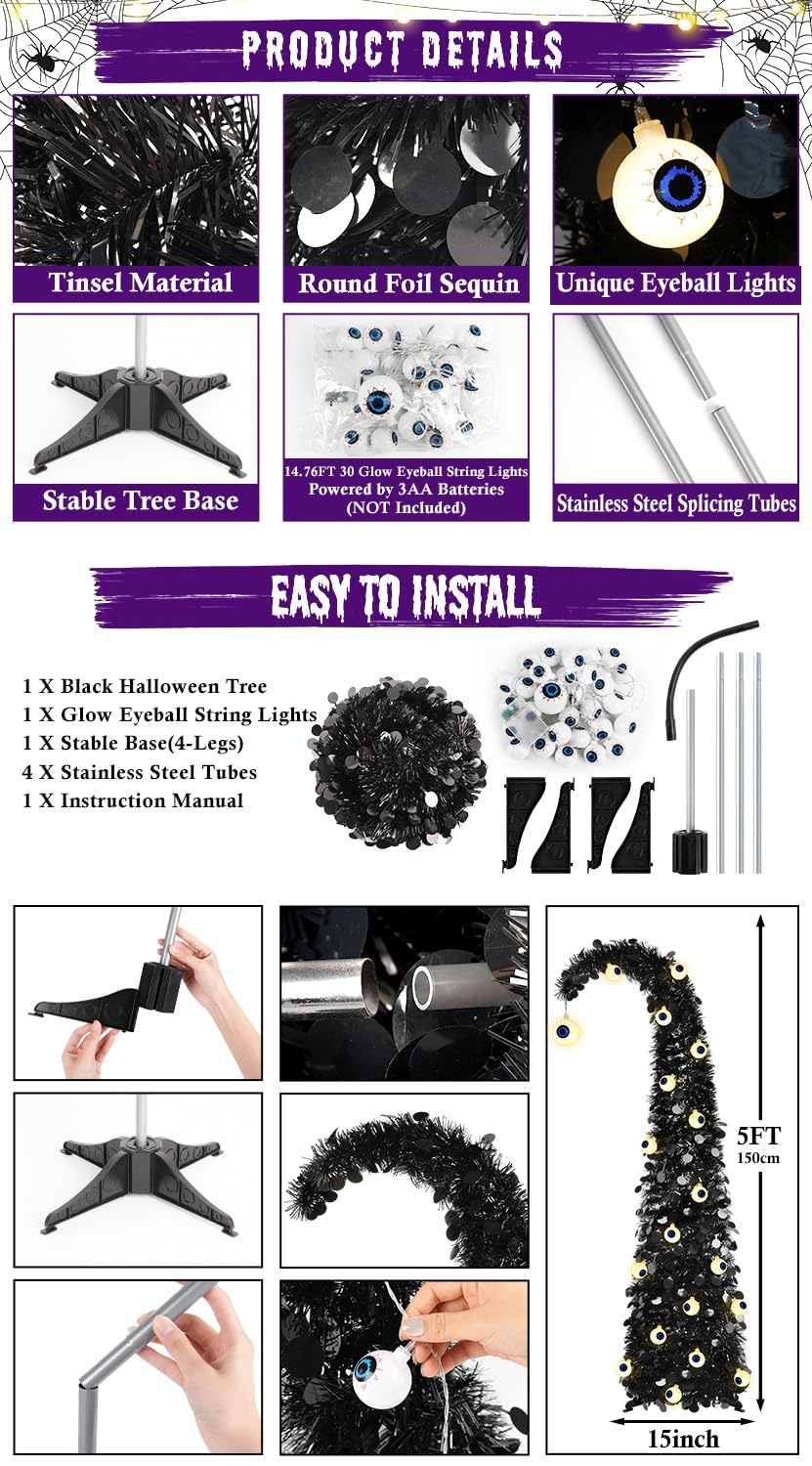MACTING Albero di Natale stravagante con bulbo oculare, 1,5 m, nero, pop-up con 30 luci a bulbo oculare, albero curvo pieghevole per appartamento, portico, interno, esterno, decorazione natalizia