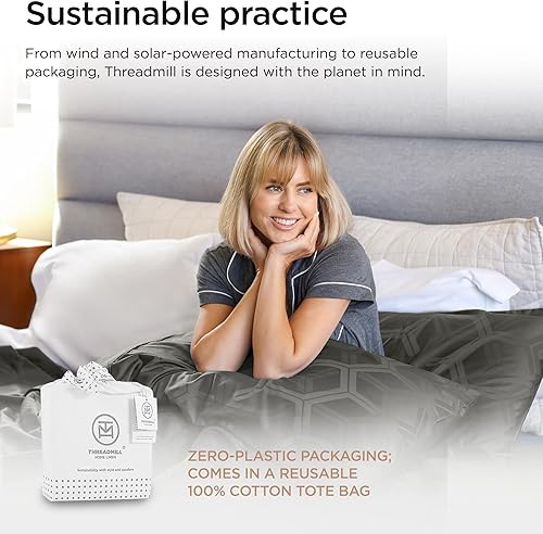 Miniatura 7 de Threadmill Sábanas de tamaño matrimonial, 100 % algodón puro de 600 hilos, 4 piezas, rayas, damasco, gris oscuro, calidad de hotel, algodón peinado