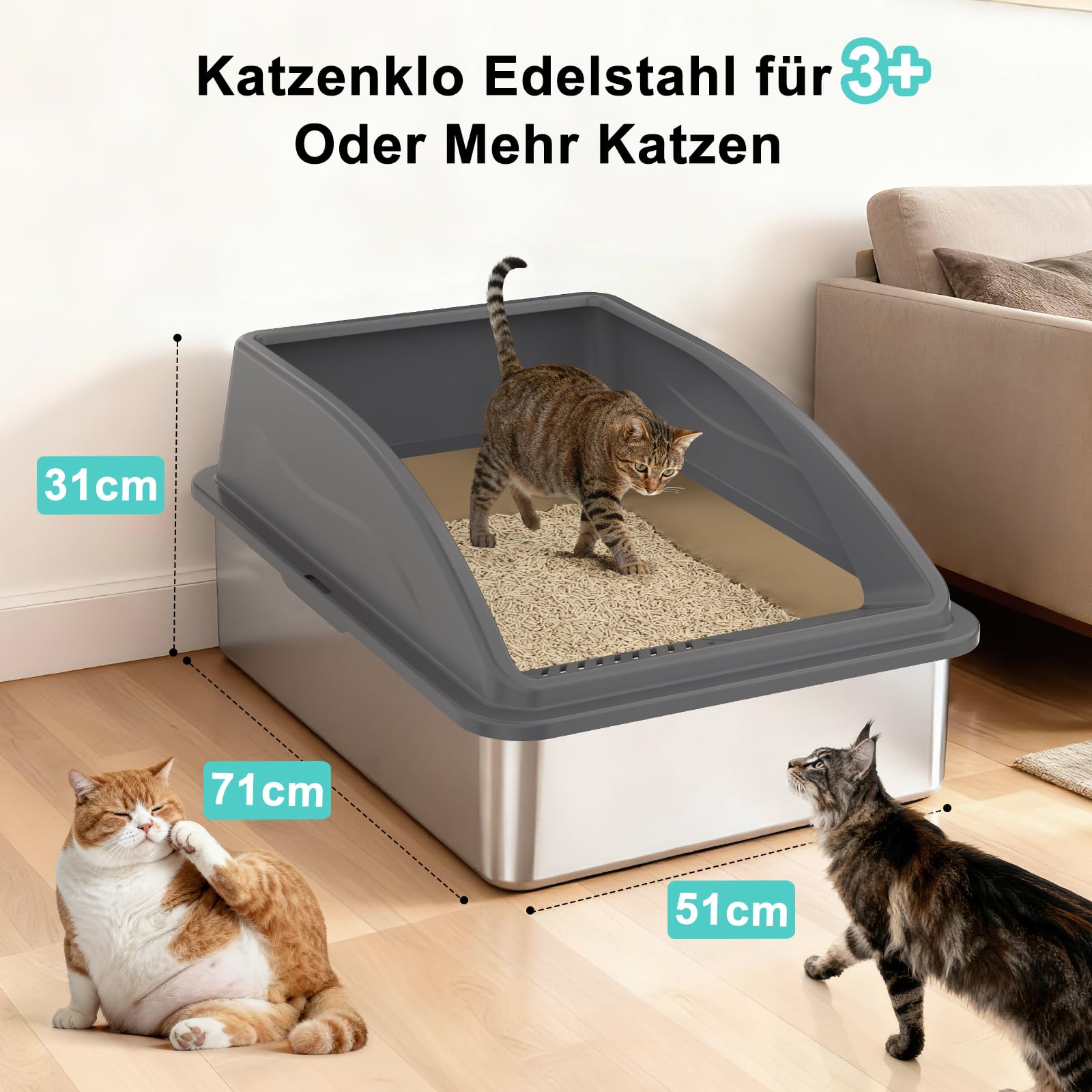 FURTIME Katzenklo Edelstahl XXXL, Katzentoilette Edelstahl 71x51x31 cm, Extra Großes Katzenklo mit Abnehmbarem Hohem Rand, Leicht zu Reinigen, Geeignet für Mehrkatzenhaushalte & Große Katzenrassen