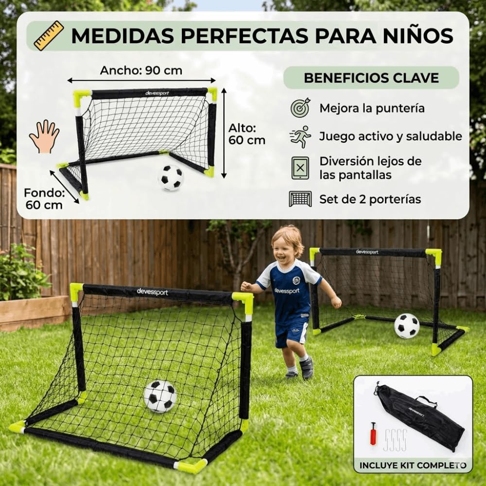 Devessport Set de 2 Mini Porterías de Fútbol para Niños, 90x60x60 cm | Incluye Balón, Inflador, Piquetas y Bolsa de Transporte | Porterías Plegables e Infantiles para Jardín, Exterior y Playa