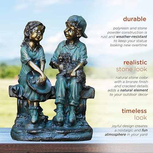 Miniatura 4 de Alpine Corporation 160in de alto para interiores y exteriores para niña y niño sentado en el banco con estatua de cachorro decoración artística para