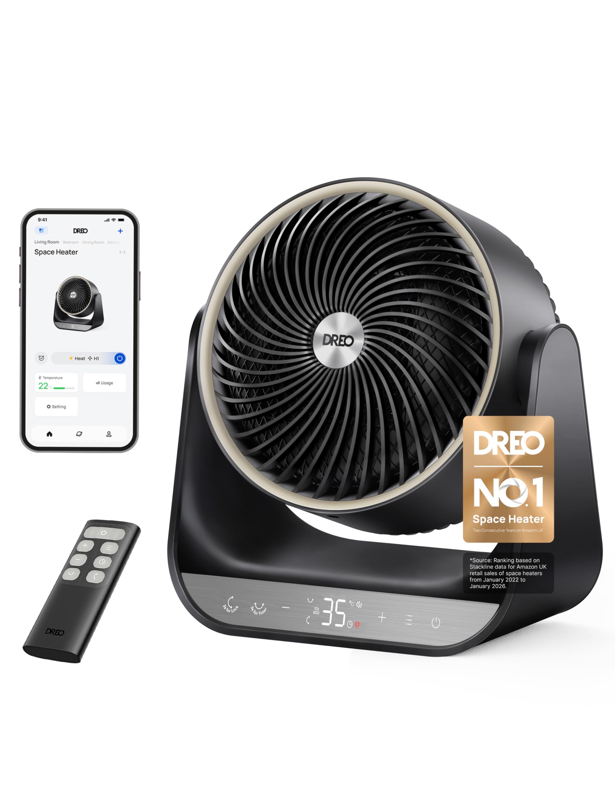 Dreo Smart Space Heater, Electric Heater for Whole Room Use with Remote, 12.14 ft/s Portable Heater for Indoor Use, 70° Oscillation, 3 Modes, 8 Safety Protections, Fast Heat for Bedroom, Office, Black