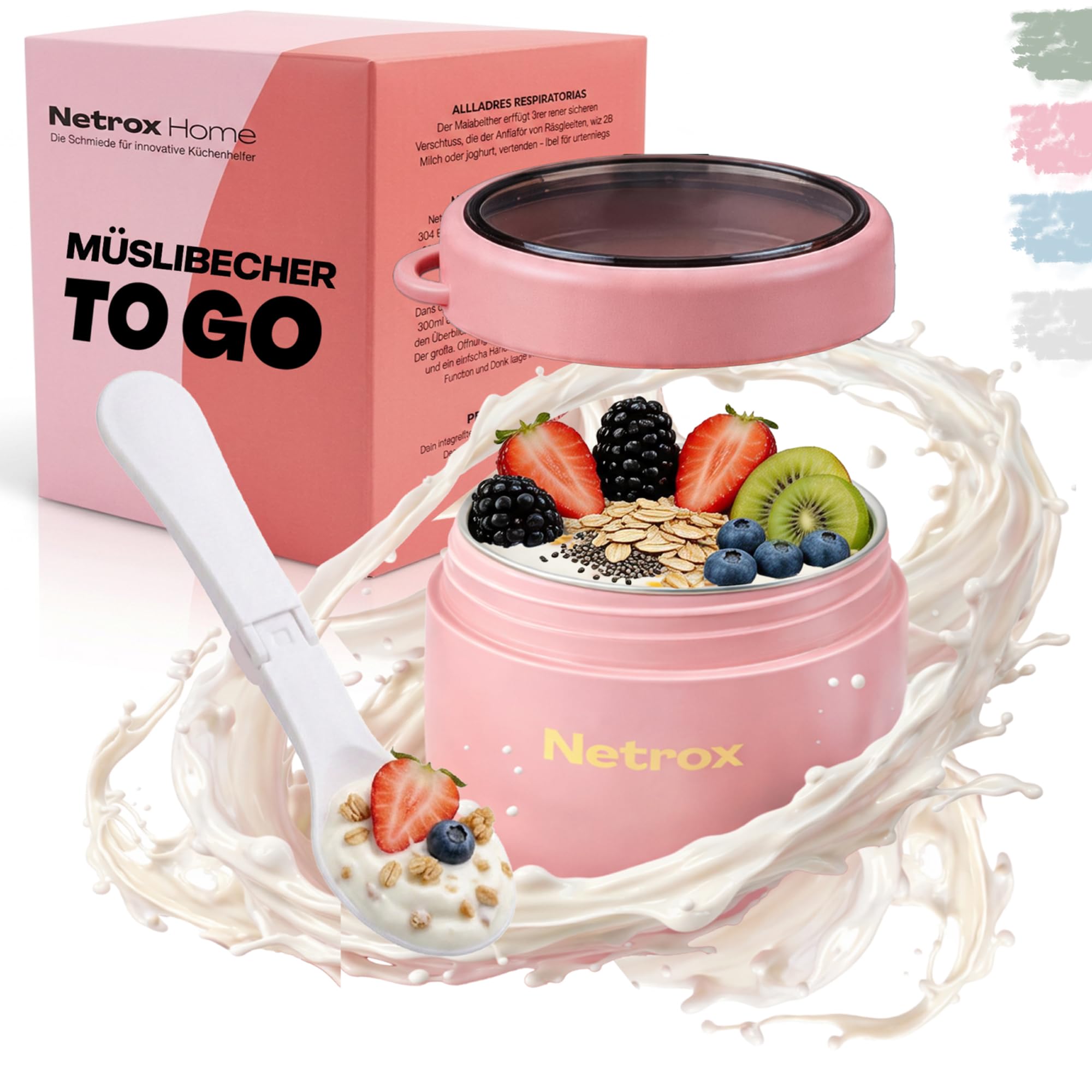 NetroxHome - Müslibecher To Go mit Löffel, Auslaufsicherer Joghurtbecher To Go aus Edelstahl, Lunchbox, Müslibecher - To Go Becher für Müsli, Joghurt, Porridge, Suppen - Müsli To Go Becher - Kinder