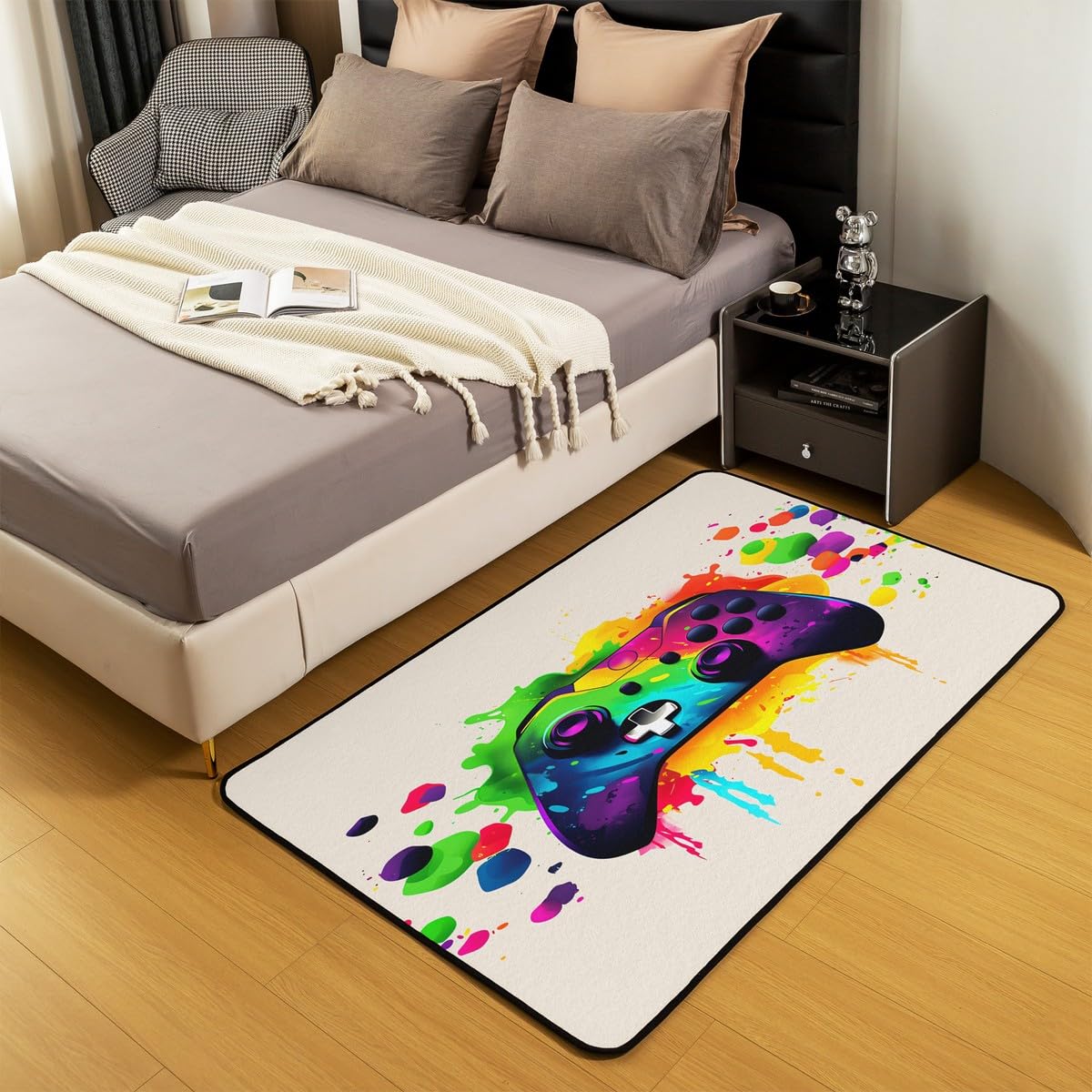 Loussiesd Dywan do salonu dla graczy, 100 x 150 cm, gamingowy dywan akcentujący dla chłopców, dziewcząt, nastolatków, nowoczesny kontroler konsoli do gier, mata podłogowa, joystick, beżowa,