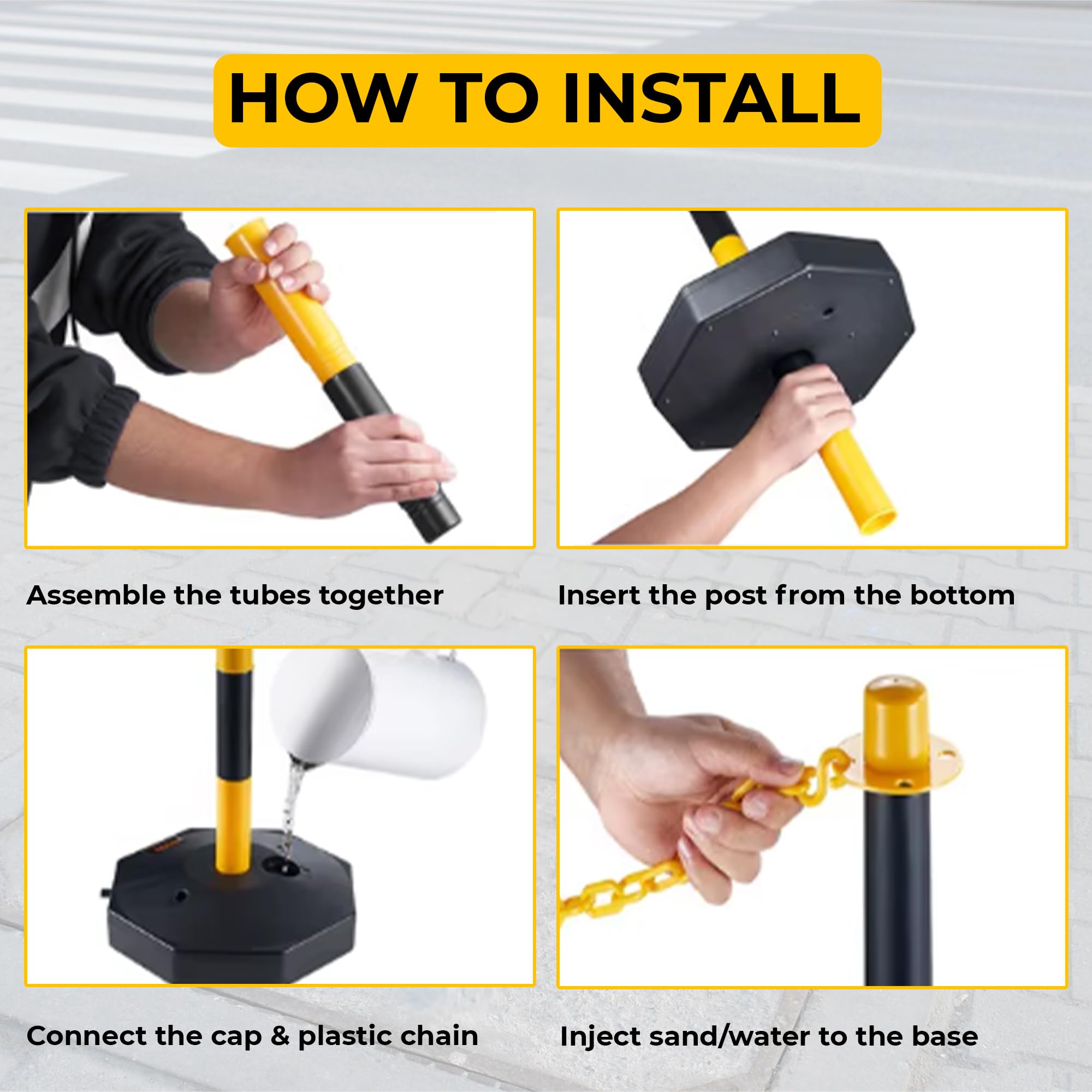 2 pali delineatori di sicurezza stradale – giallo e nero | Paletti barriera regolabili in altezza con base riempibile e catena in plastica da 2 metri | pali portatili per il controllo degli accessi e