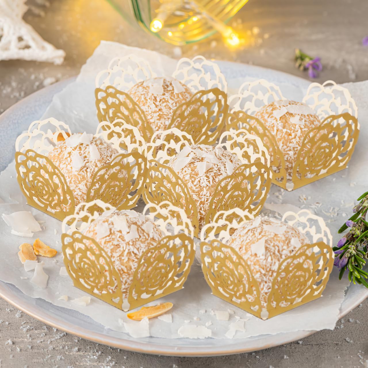 ULTECHNOVO 100 Pcs Chocolate Wrappers 3.34"" Hollow-Out Flower Truffle Cups Gold & White Food-Grade Paper Liners Rose Edge Candy Display for Wedding Party Favor Box image 4