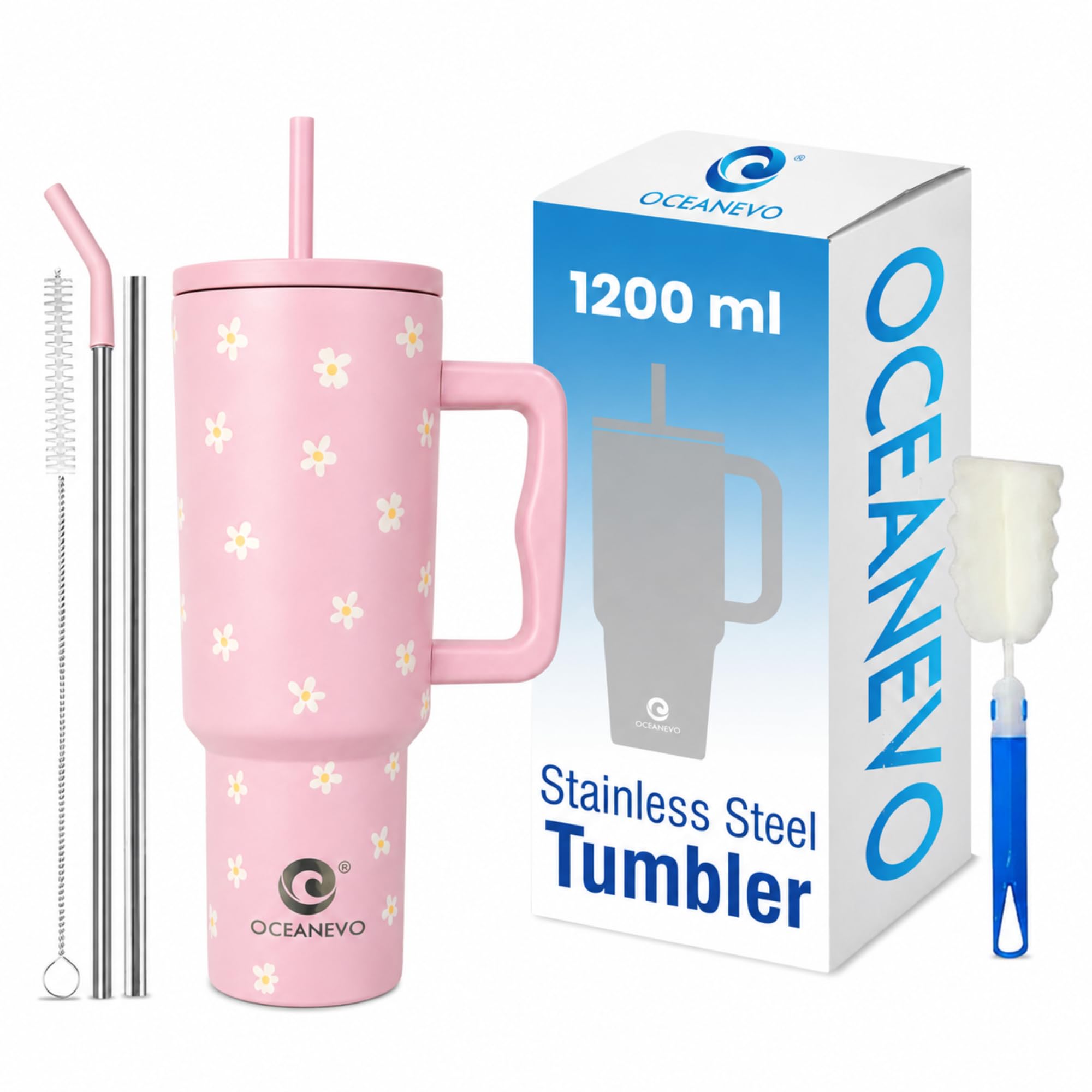 OCEANEVO 1200 ML Stainless Steel Tumbler with 3 Straws and Cleaning Brush | Insulated Hot and Cold Travel Tumbler with Handle and Lid | for Office, Gym and Travel | Pink Daisy - 1 Year Warranty-image-39
