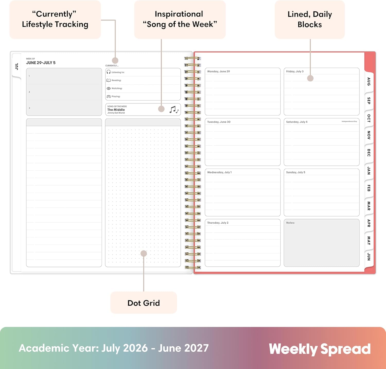 Blue Sky Gen Z 2026-2027 Weekly and Monthly Academic Year Planner Calendar, July 2026 - June 2027, 8.5" x 11", Flexible Interchangeable Cover, Wirebound, Laminated Tabs, Storage Pocket, Gladys