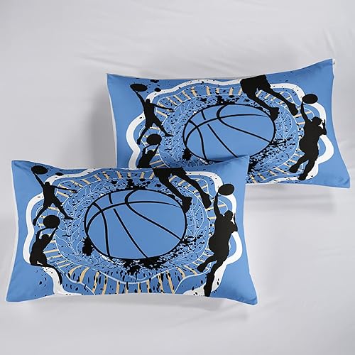 Miniatura 6 de Juego de edredón de baloncesto para niños, adolescentes y niños, edredón de bola azul para niños con 2 fundas de almohada, juego de ropa de cama de