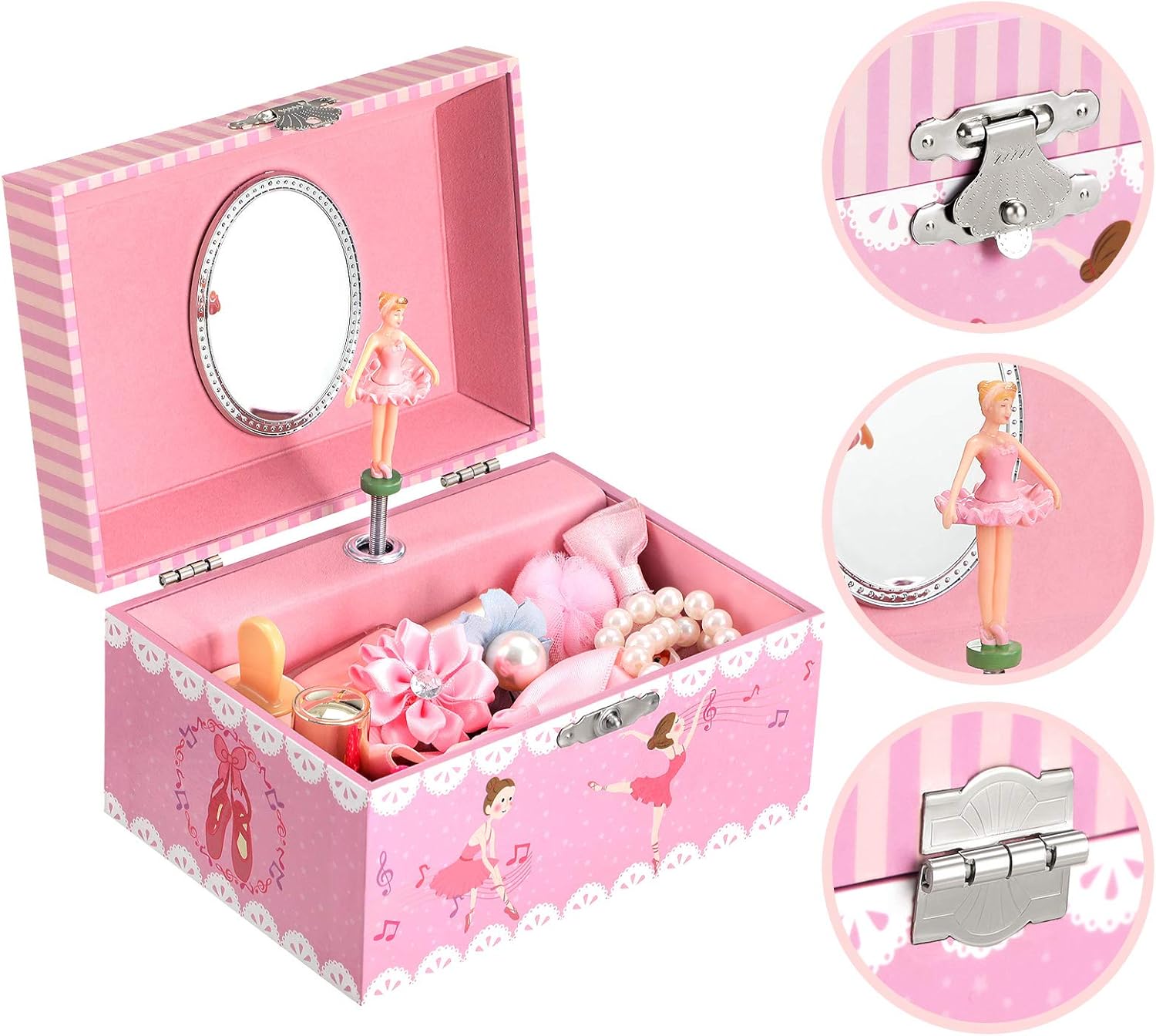 SONGMICS Musical Jewelry Box for Kids Inside, Ballerina Motif, Spacious Compartment, 5.8″L x 4.2″W x 3.3″H, Pink: Furniture & Decor