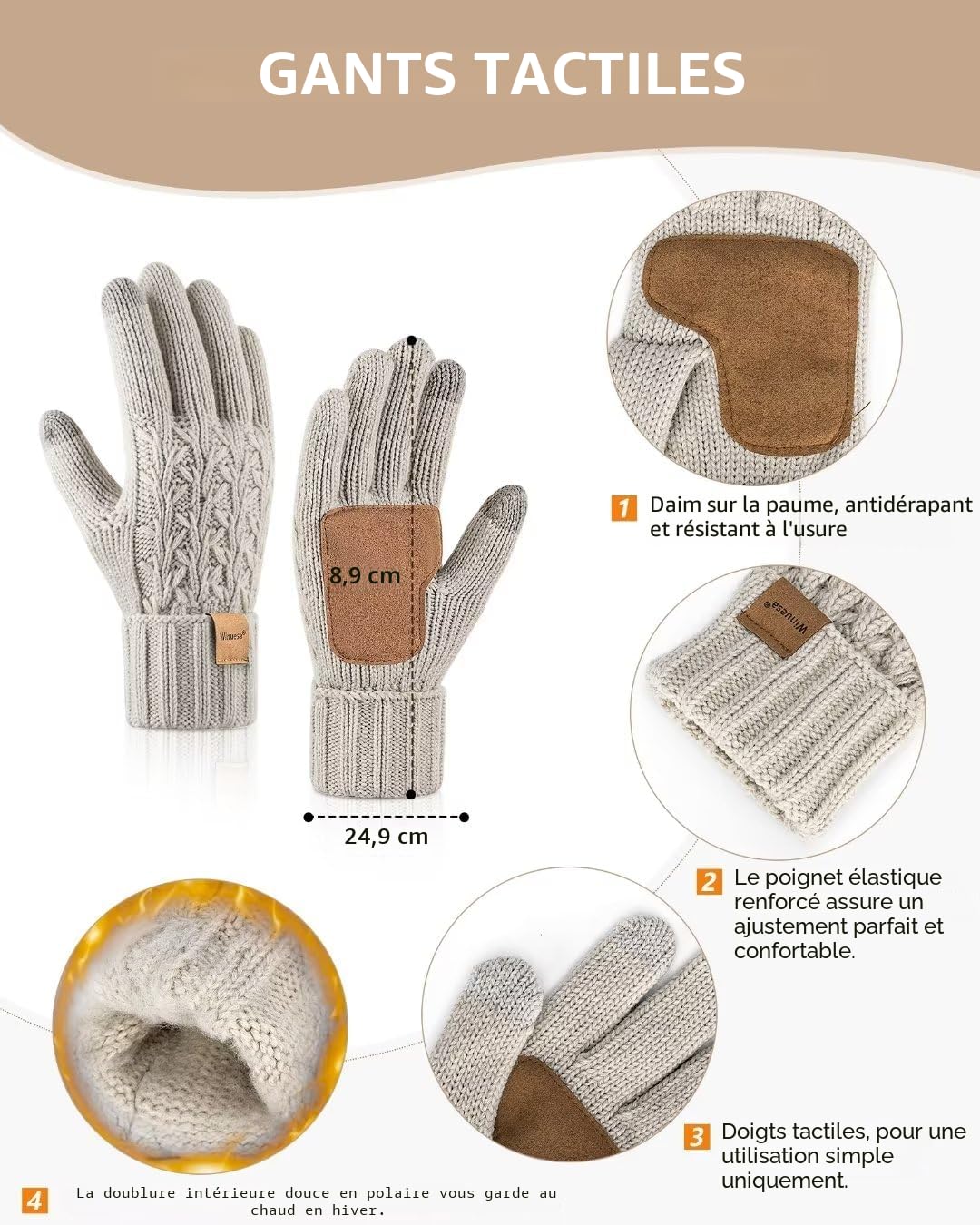 Winuesa Ensemble bonnet, écharpe et gants pour femme, bonnet d'hiver pour femme avec pompon doublé en polaire chaud, bonnet à pompons, gants pour écran tactile, écharpe, cache-cou, ensemble 3 en 1