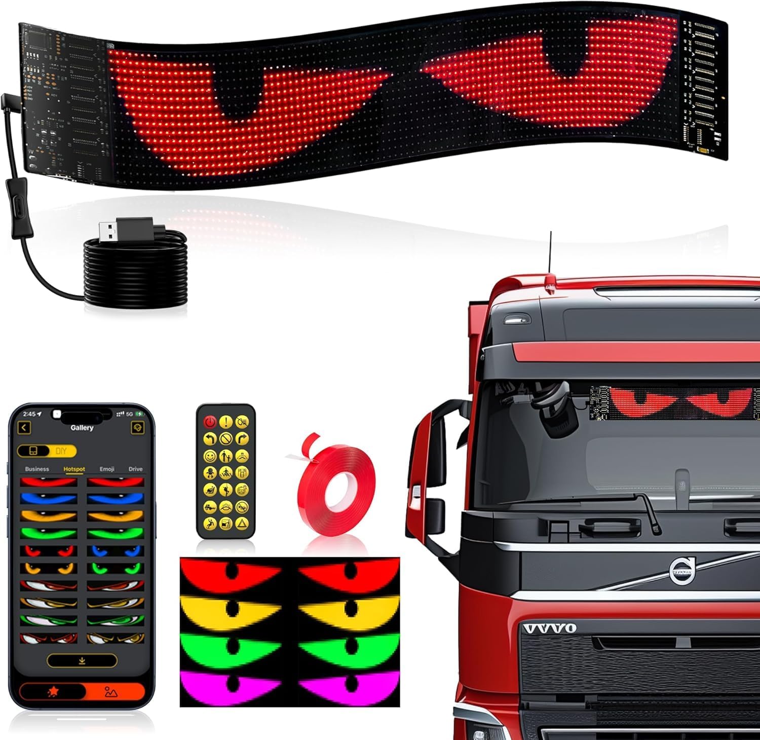 Super RGB LED Eyes for Car Windshield, 15"x4" LED Eye for Motorcycle Windshield, Devil Eye Lights for Front Window, Smart Remote & APP Control, Custom Text Pattern Animation Flexible Display