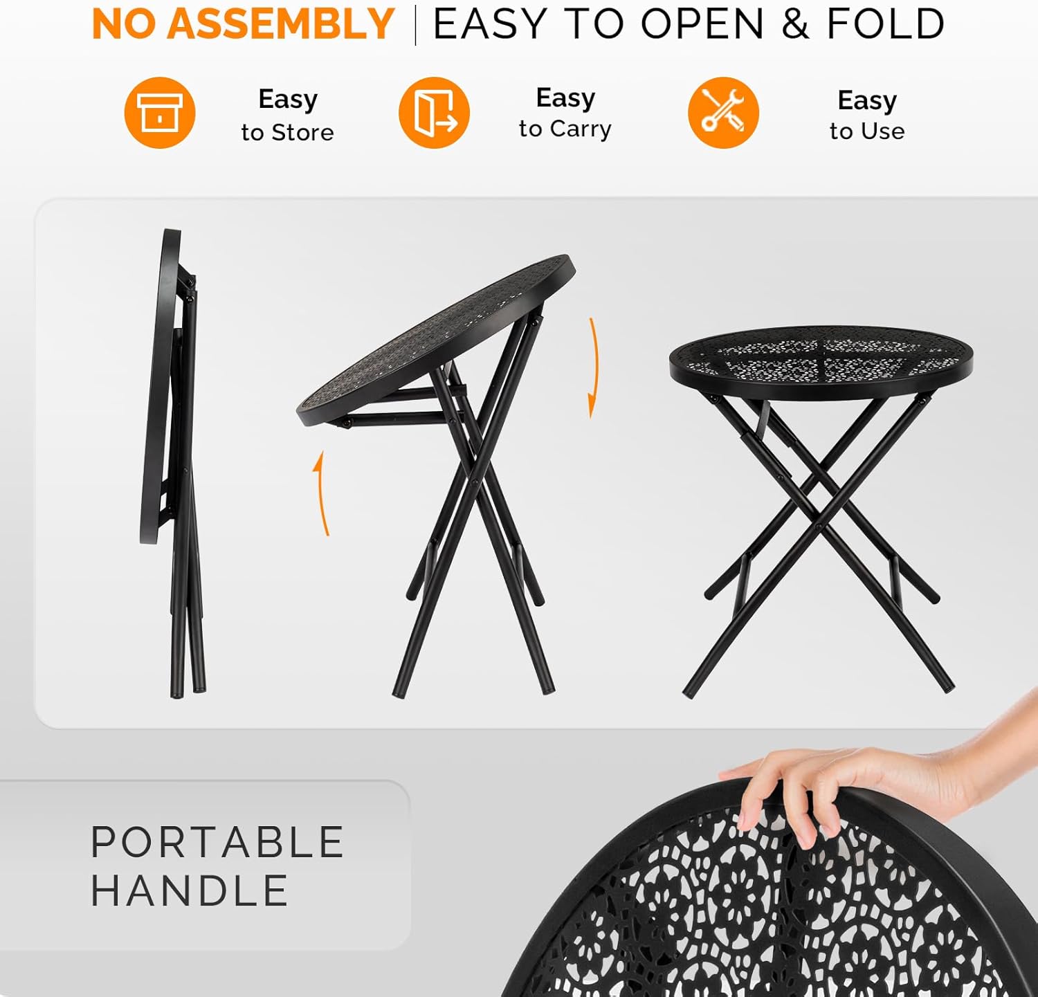 VINGLI Outdoor Folding Side Table with Chic Hollow Pattern and Durable, Rust-Resistant Coated Iron Patio Bistro Table Suitable for Indoor & Outdoor Porch, Deck, Balcony and Pool,Black