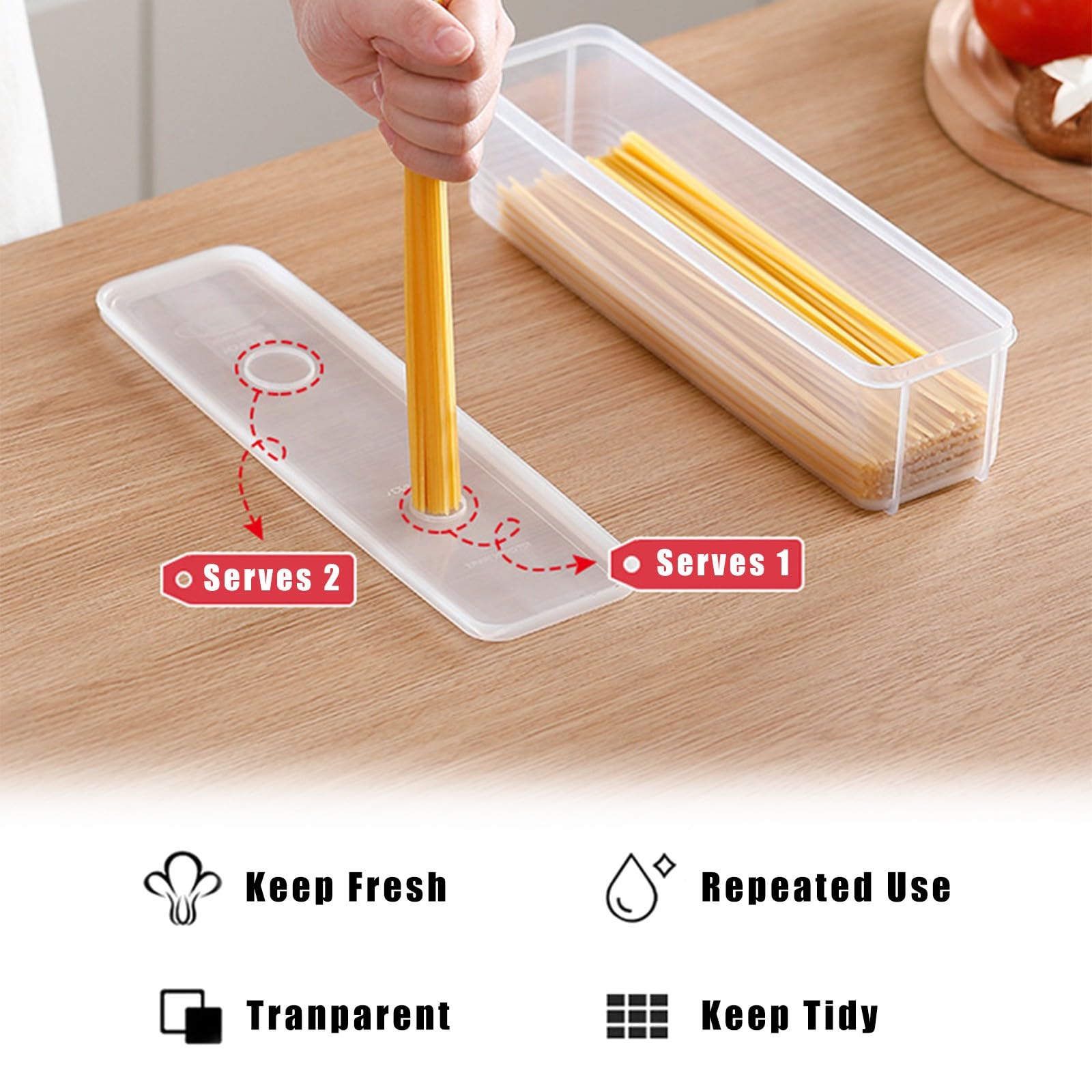 Vorratsdose für Nudeln, transparent, luftdicht, Lebensmittelbehälter für Spaghetti, Macaroni, Nudeln, Müsli, Reis, Mehl, groß, rechteckig, mit Deckel