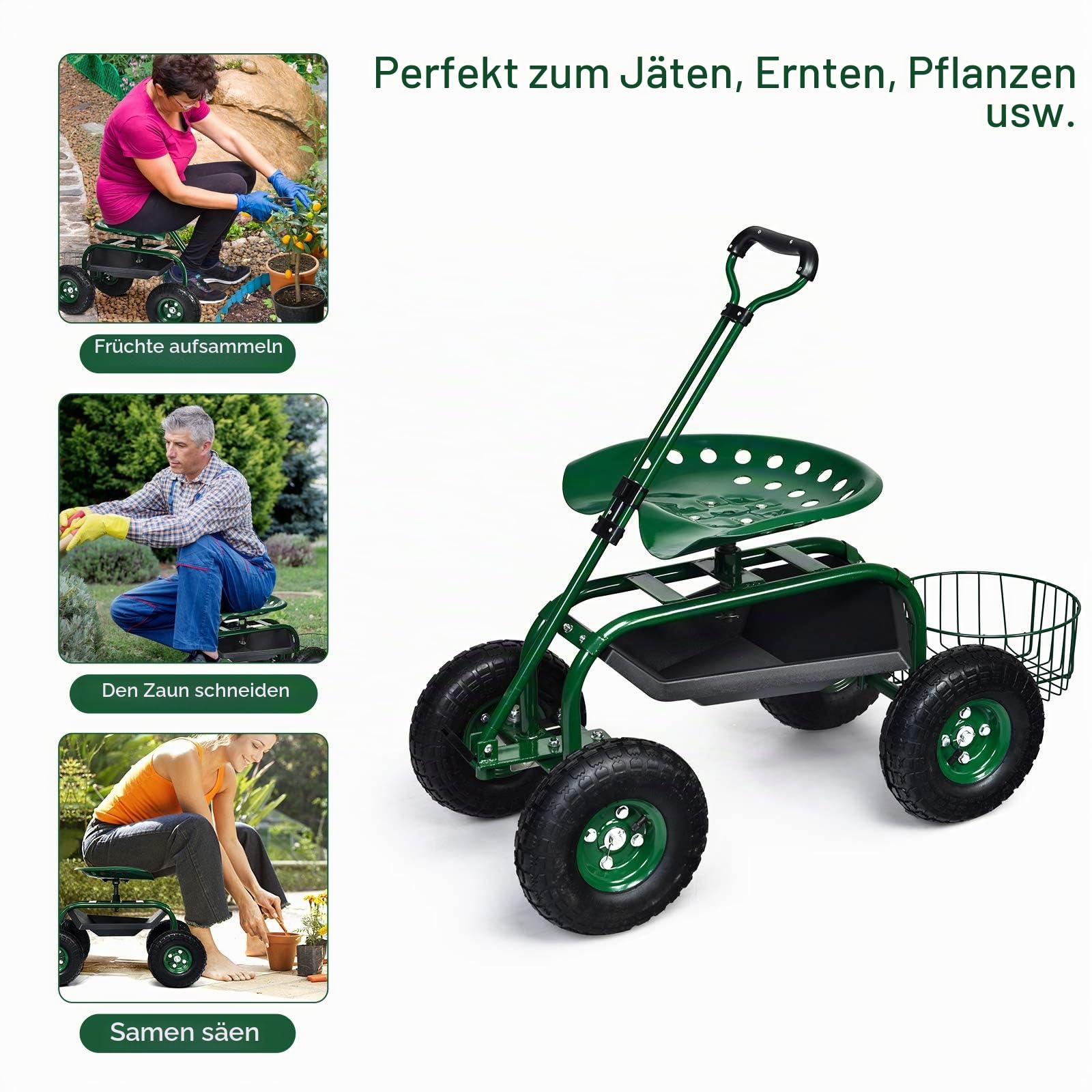 RELAX4LIFE Rollsitz mit Ablage Korb, Gartensitz mit Ausziehbarem Griff 4 Rädern, Gartenrollsitz Fahrbar & 360 ° Drehbar & Höhenverstellbar, Arbeitssitz bis 150kg Belastbar, für Gartenarbeit