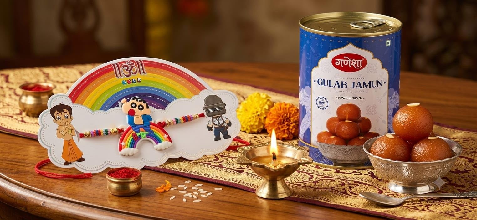 Bikaneri Shree Ganga Gulab Jamun 500g with Single Chain Kids Rakhi, Pack of 2, Raksha Bandhan Sweet Combo for Brother, Traditional Indian Mithai Gift-image-47