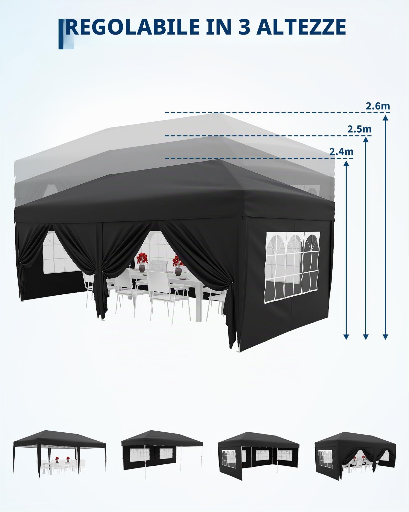 Gazebo Pieghevole 3x6 m da Giardino con 6 Pareti Laterali | Acciaio verniciato, Copertura resistente, 6 pareti laterali, 4 finestre, Giardino, Festa, Campeggio
