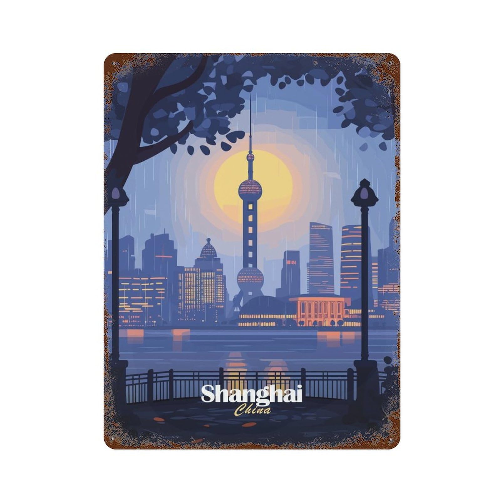 Shanghai Skyline Decorative Tin Sign 15.7"x11.8", Ideal for Basement, Hobby Room And Garage Decor