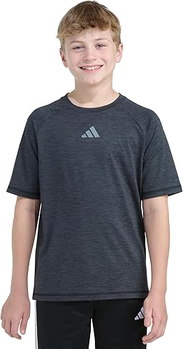 adidas Boys Short Sleeve Raglan Poly Tee, Grey with Black Mélange, L(14/16)