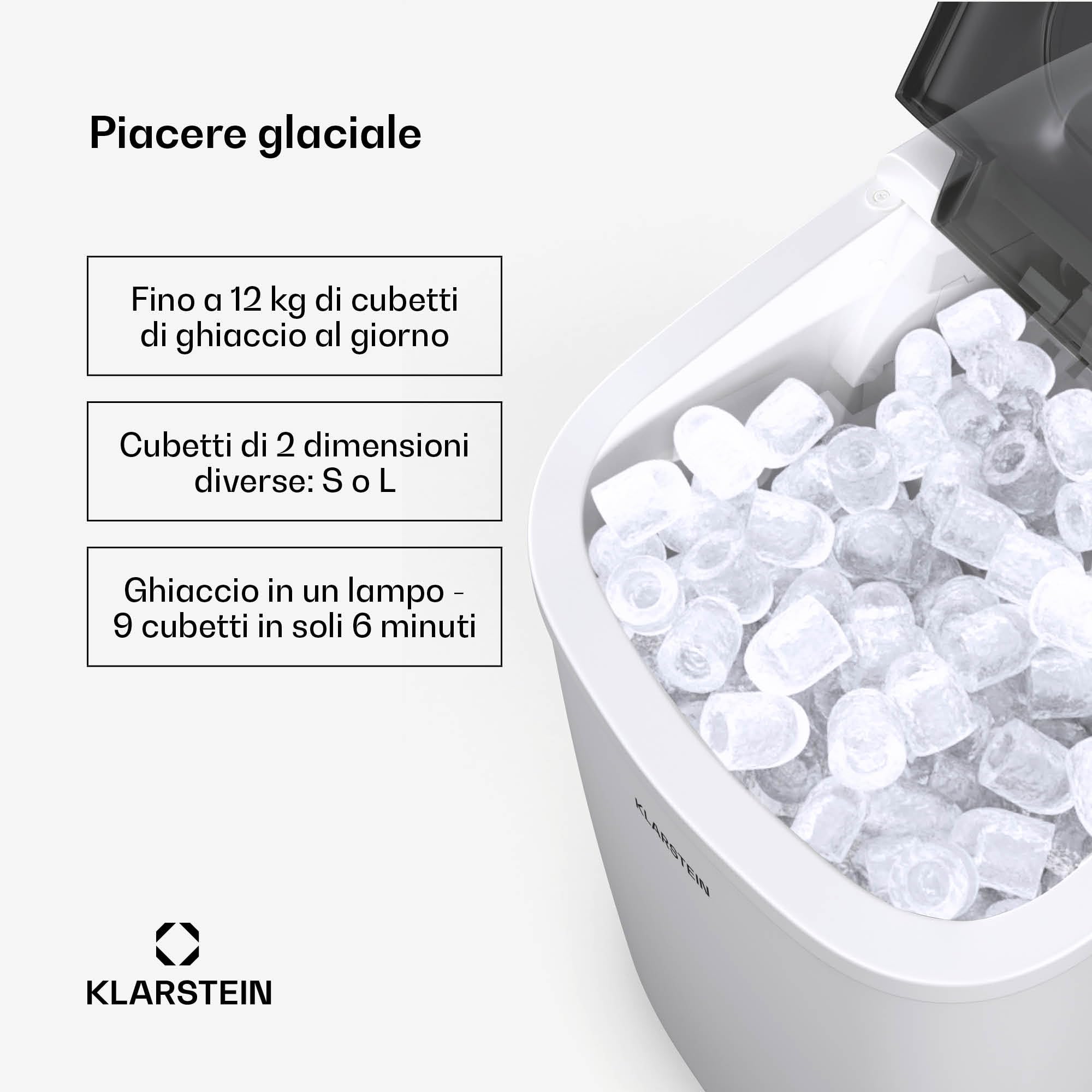 Klarstein Macchina Ghiaccio - 12kg/24h, 2 Dimensioni Cubetti, Serbatoio 1.3L, Controllo Tattile, LED Indicatori, Portatile, Ideale per Casa/Feste