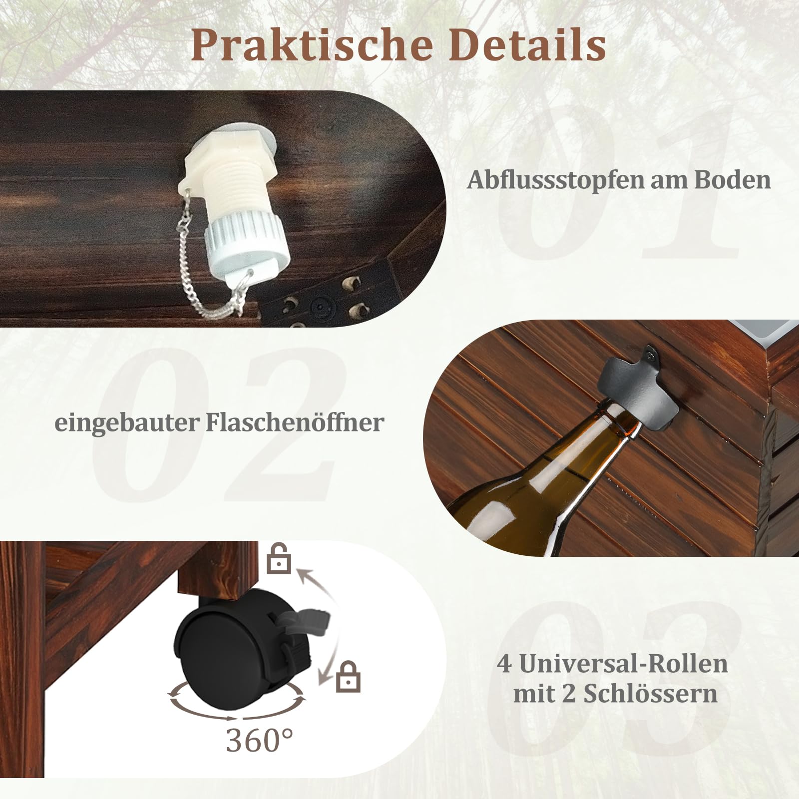 GYMAX 51L Kühlwagen, Servierwagen Kühlbox aus Holz mit 2 klappbaren Tischen, Flaschenöffner & abschließbare Rollen, Getränkekühler Outdoor für Poolbereich, Garten, Party