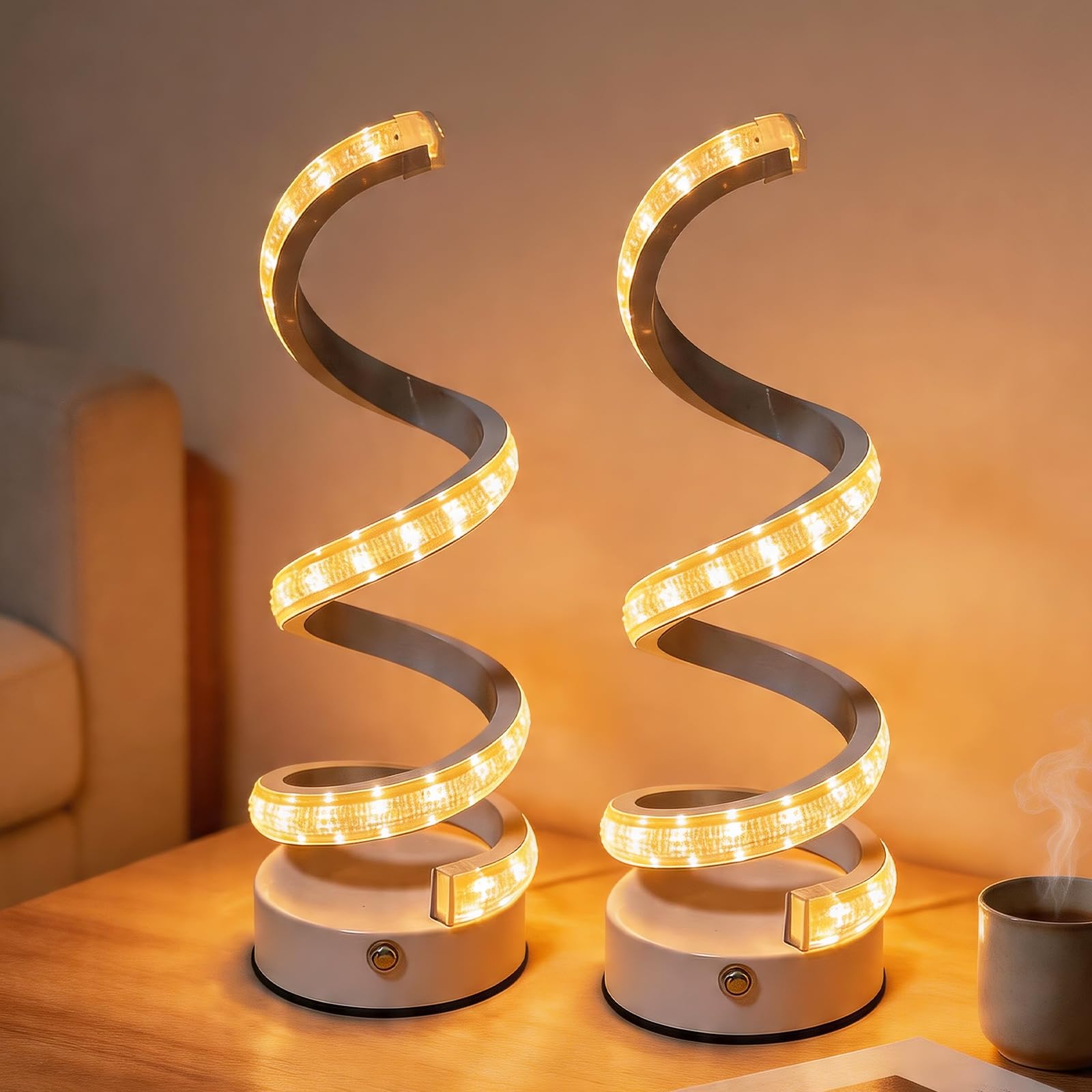 2 Pack Spiral LED Table Lamp,with 3 Color Temps Stepless Dimming for Decor