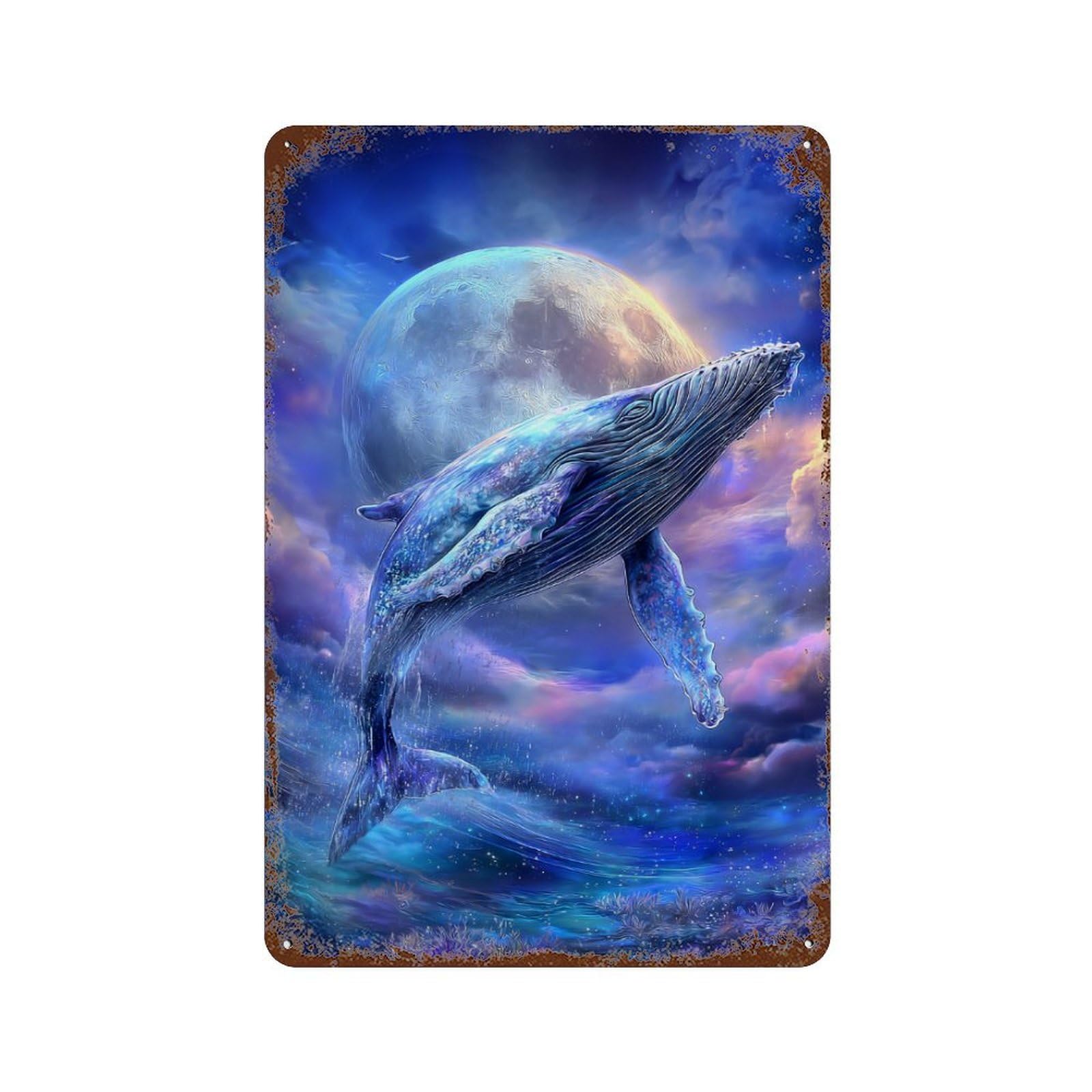 Whale Moon Sky Painting Vintage Wall Sign 11.8"x7.9", Rust Effect Metal Decor for Cafe, Home Bar And Lounge Decor