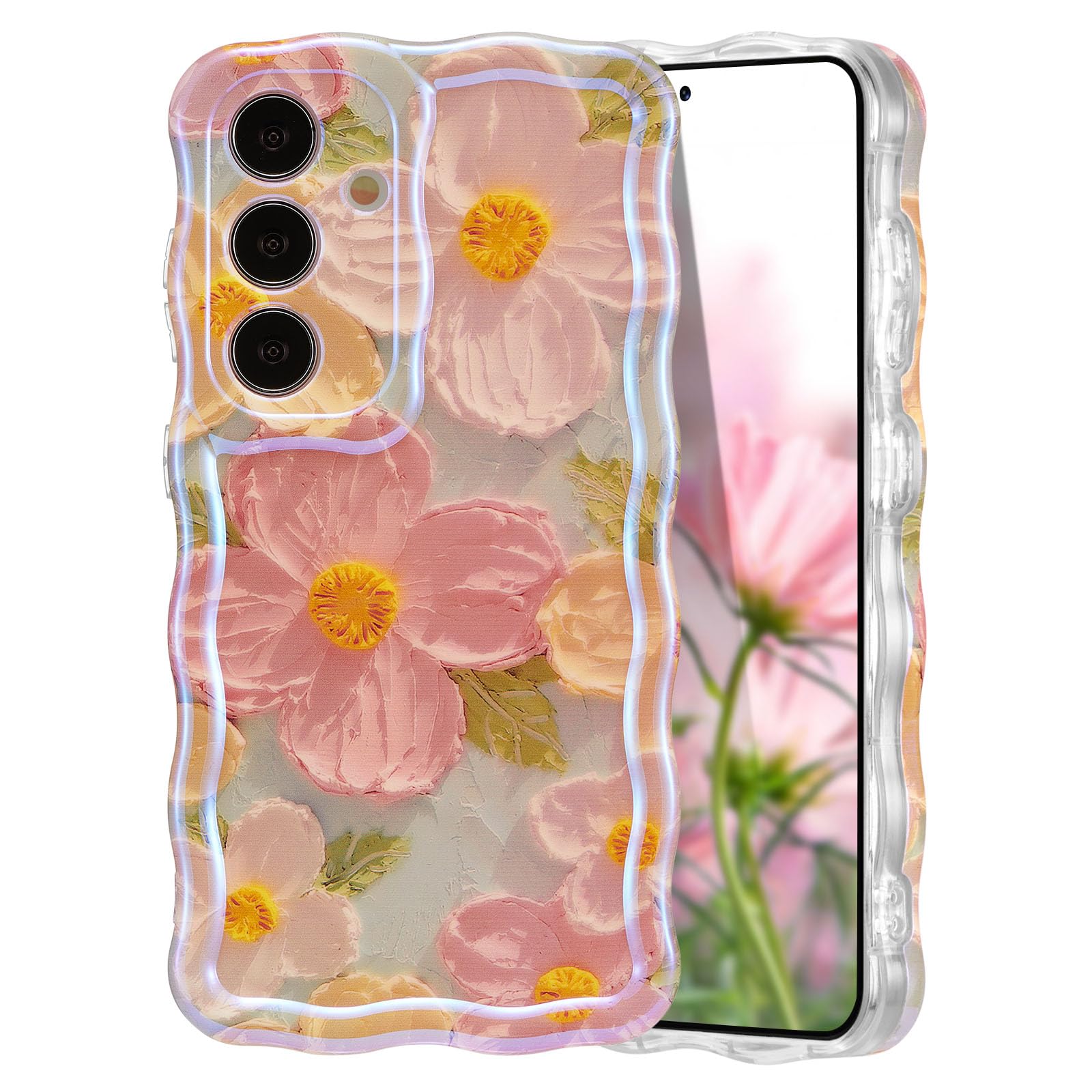 EYZUTAK Case for Samsung Galaxy S25, Colorful Retro Oil Painting Flower Laser Glossy Pattern Cute Curly Wave Edge Exquisite Phone Cover Stylish
