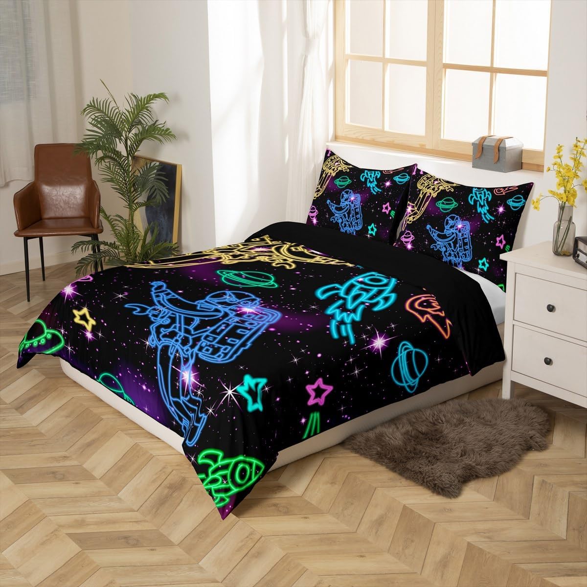 Manfei Galaxy Sky Duvet Cover Set Toddler,Tie Dyed Glitter Sky Comforter Cover 2pcs for Boys Teens,Outer Space Planet Quilt Cover,1 Pillowcase(No Comforter),Cartoon Neon Rocket Astronauts Quilt Cover