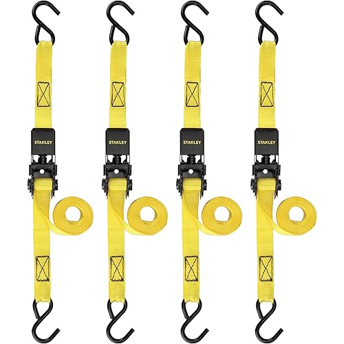 STANLEY S9500 Black/Yellow 1" x 10' Ratchet Straps - Light Cargo (300 lb Working Load / 900 lb Break Strength), 4 Pack