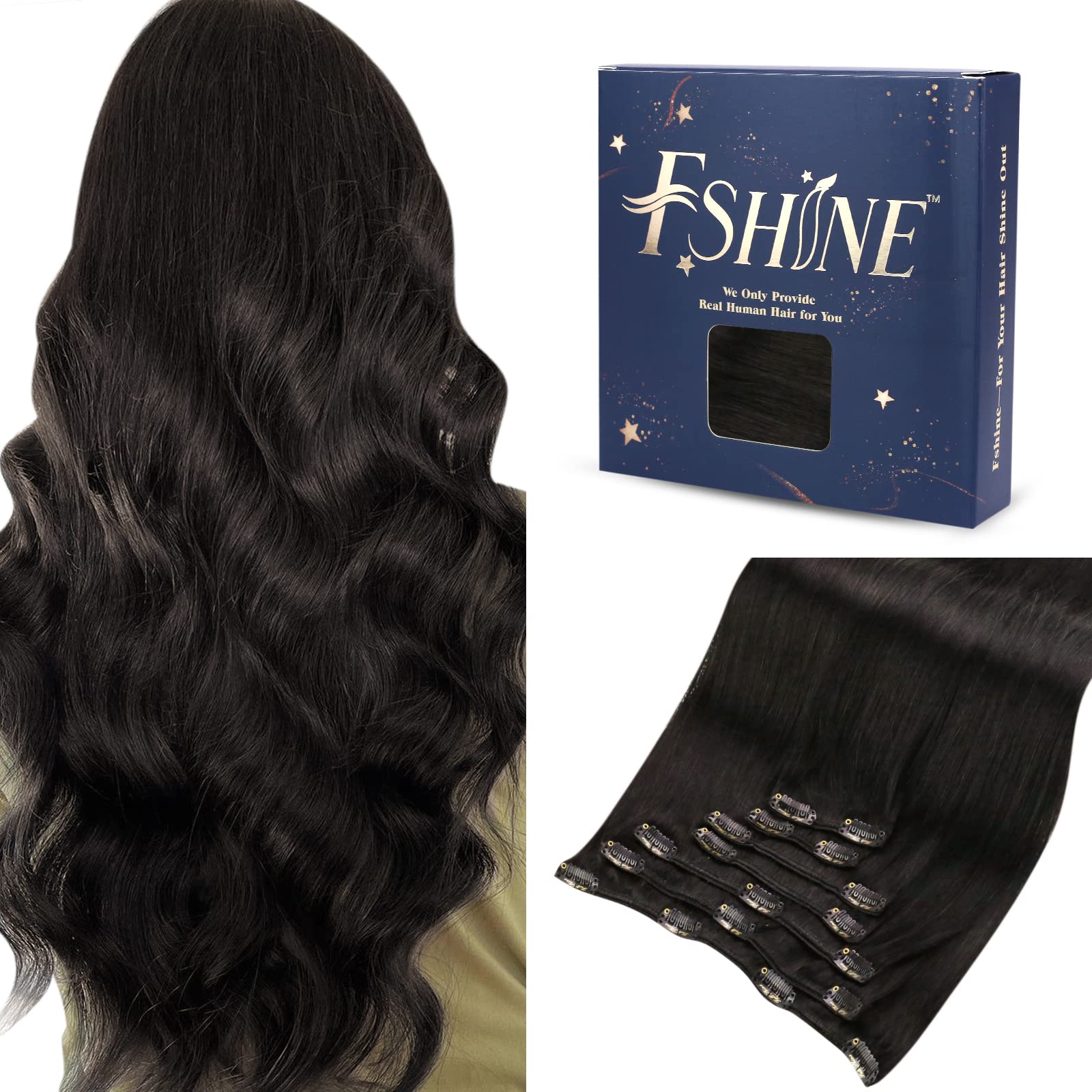 Fshine Clip Extension Capelli Veri 120g 35CM Extension Clip in Capelli Extension Lisci Capelli Colore Nero Naturale Hair Extensions 7 Pezzi Double Weft Clip in Human Hair Extension
