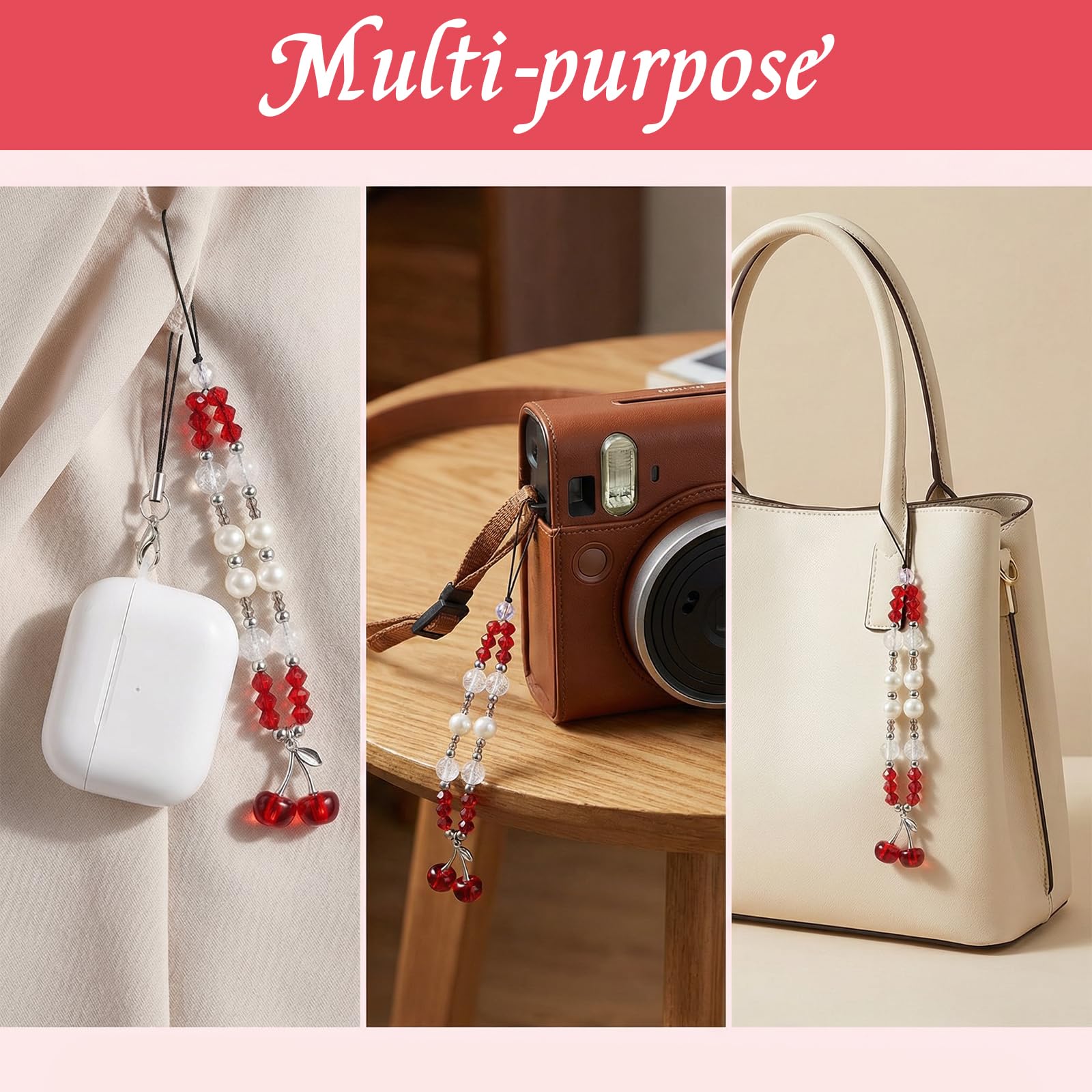 Cherry Phone Charm, Cute Beaded Phone Charm, Y2K Red CellPhone Lanyard Wrist Strap Kawaii Camera Pendants Keychain Accessories for Decor Gift — view 7